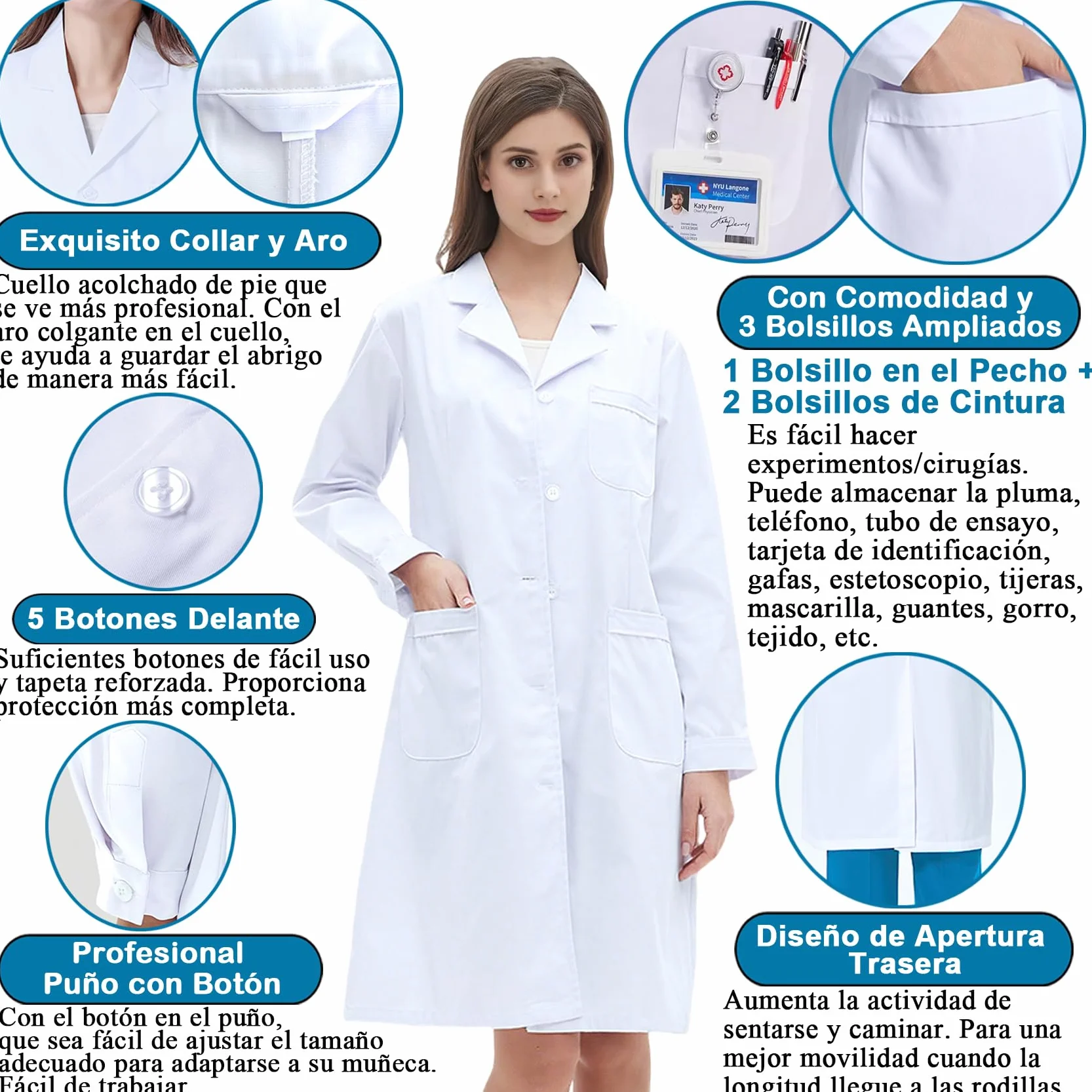 Bata Blanca Laboratorio Algodón Manga Larga con Botón Mujer Hombre