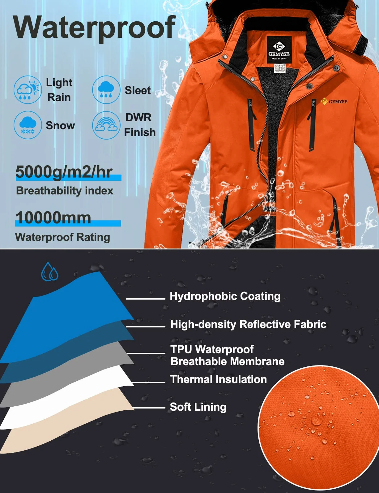 GEMYSE Chaqueta de Esquí Impermeable de Montaña para Hombre Abrigo de Invierno Antiviento con Capucha
