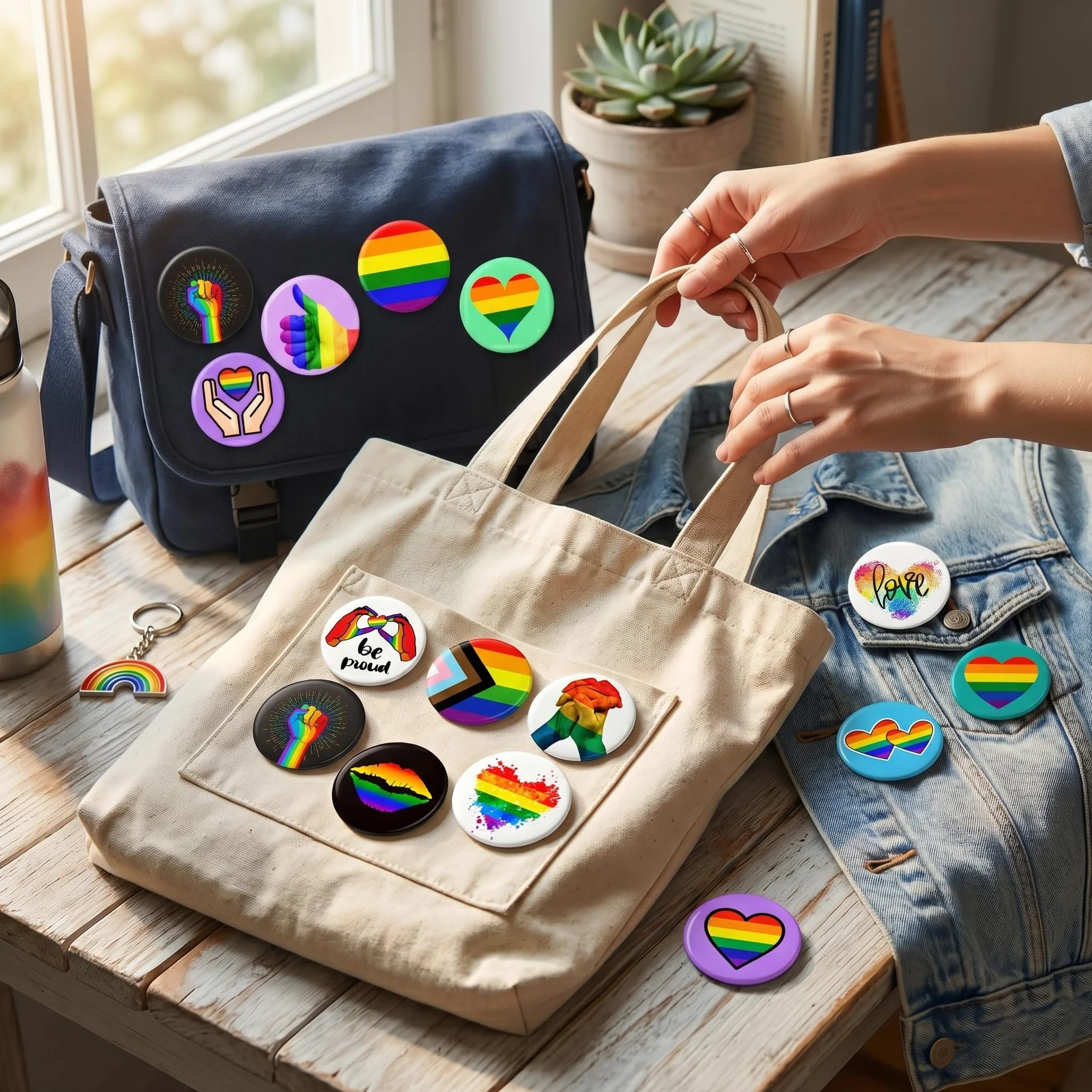 Insignias Orgullo Arcoíris 16 Piezas 44MM, Chapas LGBTQ con Puño Arcoíris, Pines Acero Inoxidable