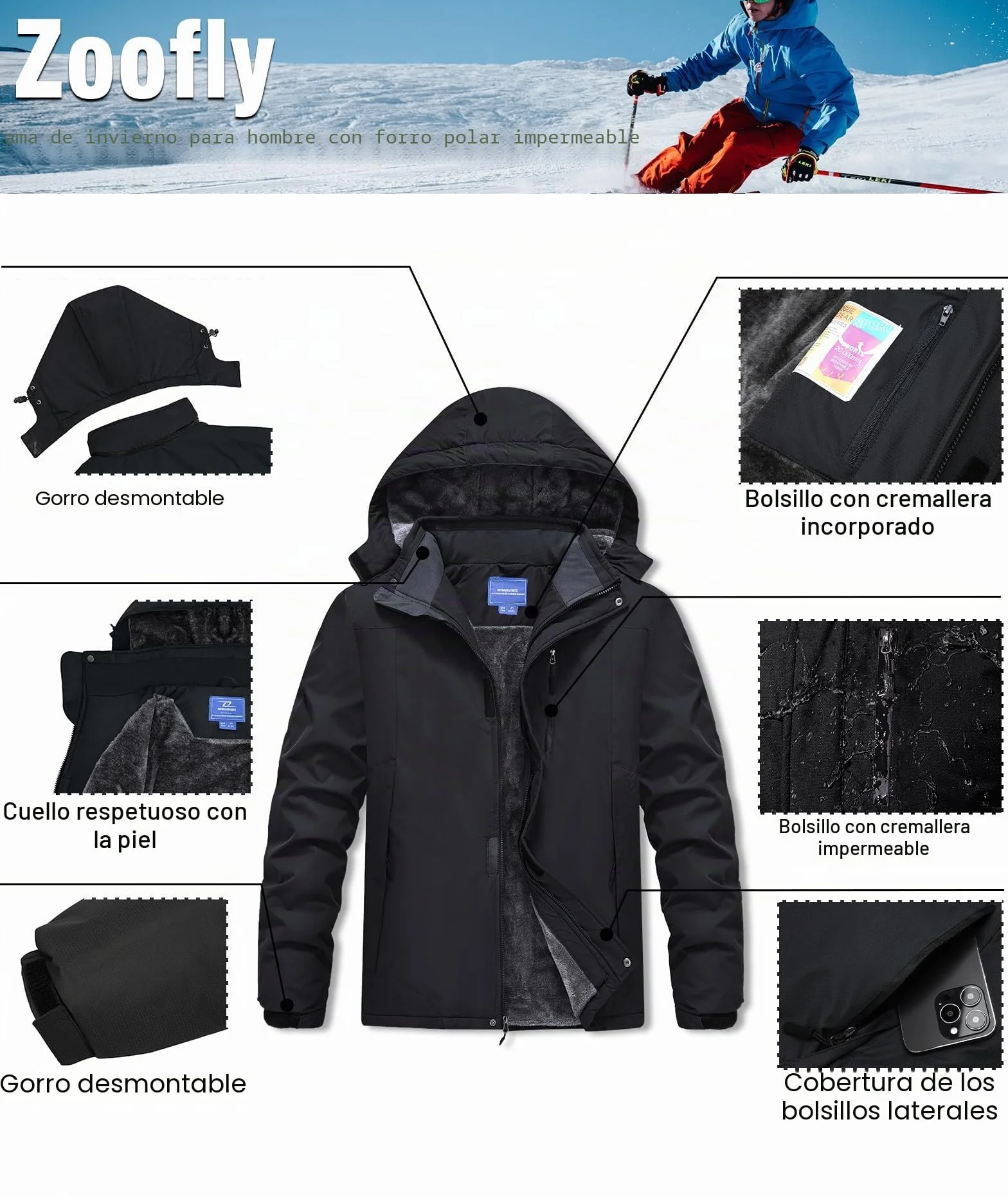 Zoofly Chaqueta Esquí Impermeable Hombre Invierno Montaña Parka con Capucha Desmontable