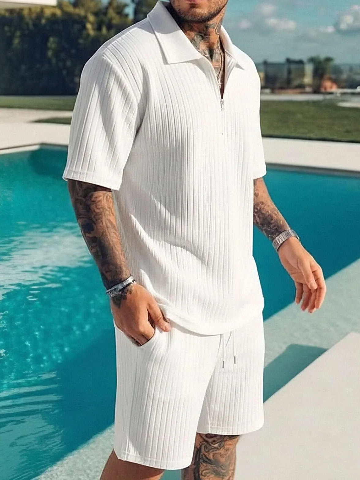Conjunto Verano Hombre 2 Piezas Cremallera Camiseta y Pantalones Cortos Chándal con Bolsillos
