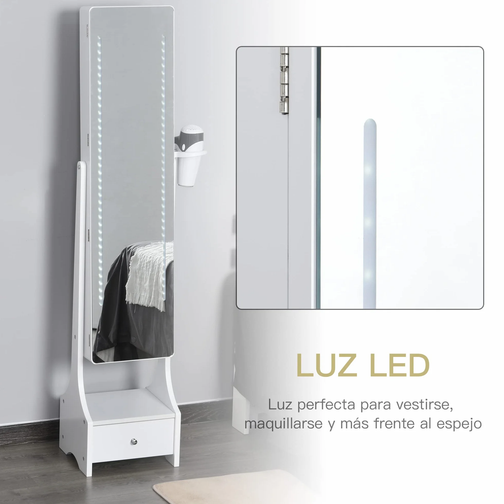 HOMCOM Espejo Joyero LED con Luces Armario Soporte Secador Ajustable Blanco