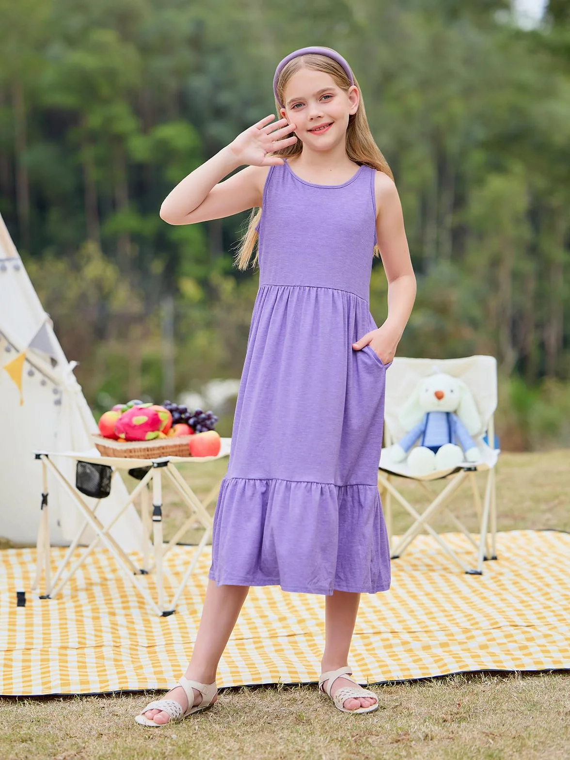 Vestidos de niña de verano sin mangas cuello redondo tirantes casual largo