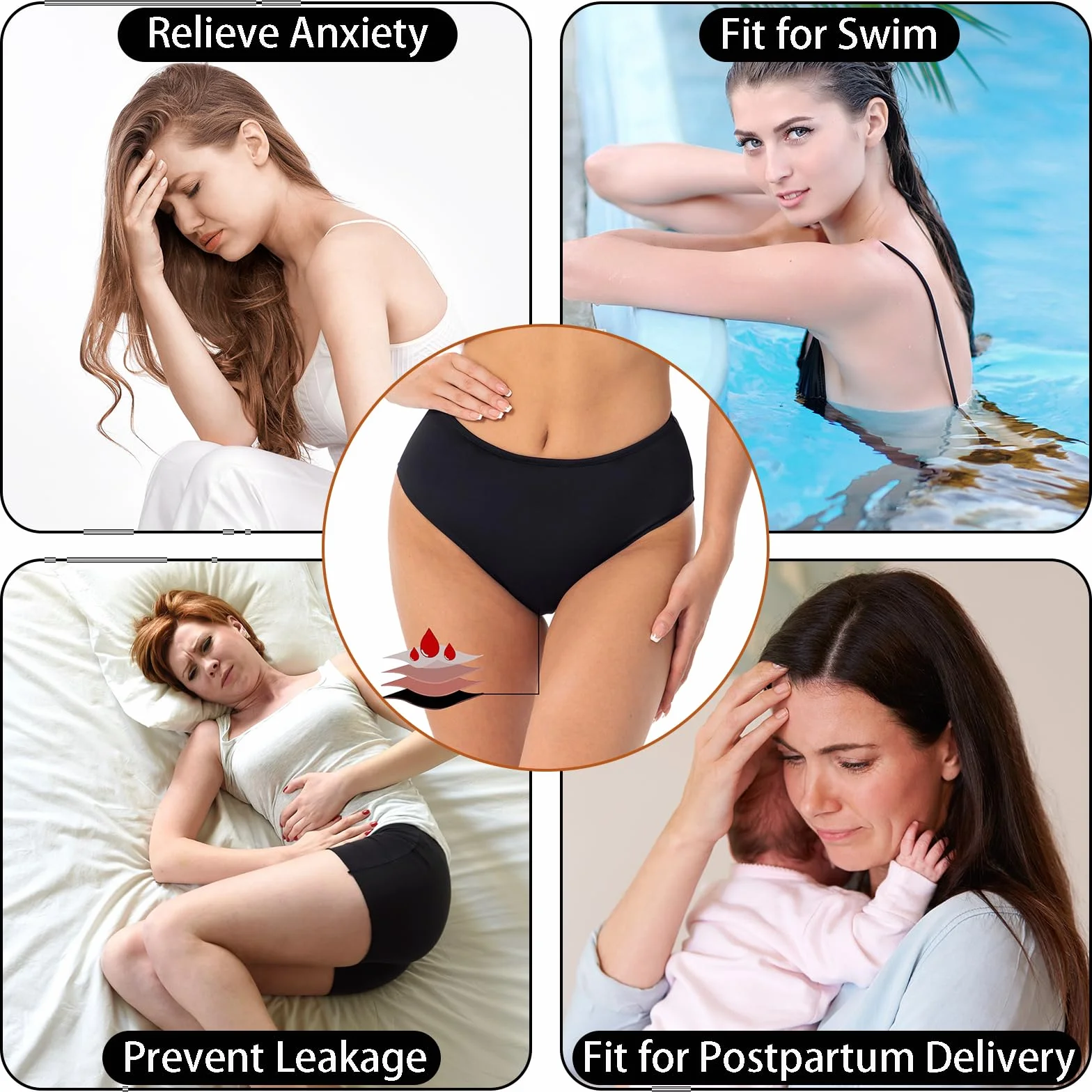Bragas de Bikini menstruales Impermeables sin Costuras Anti Fugas para Piscina Playa Mujeres Negro