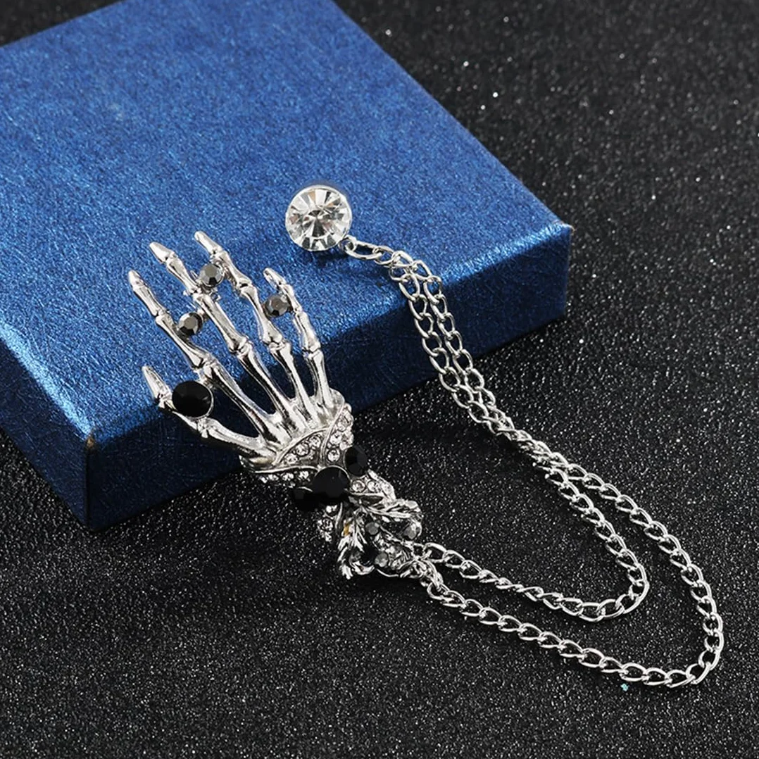 Broche de cadena, alfiler de cuello, broche con forma de mano de esqueleto, broche de Halloween para mujeres y hombres, para traje de negocios, esmoquin, camisa, corbata, sombrero y bufanda