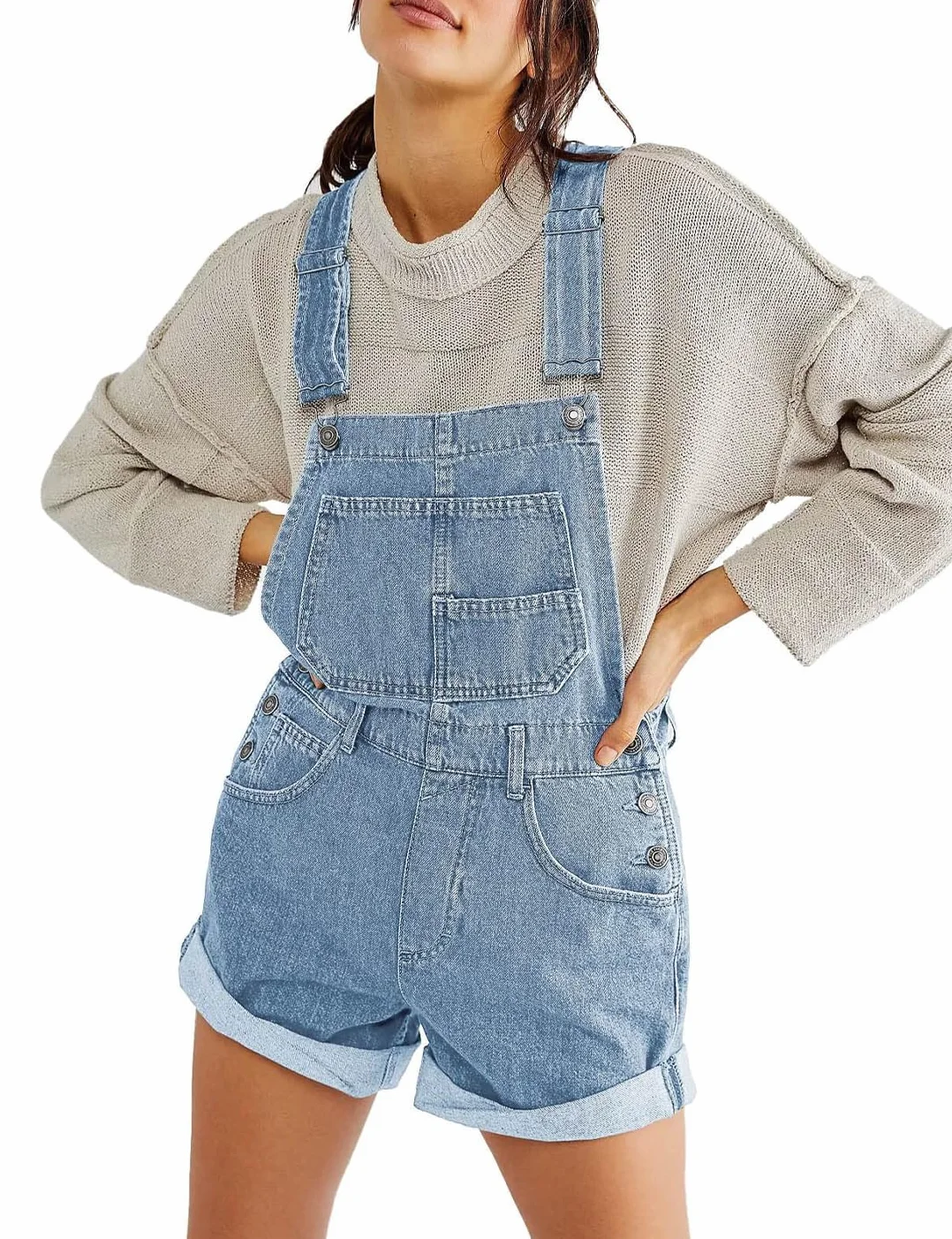 Pantalones cortos de mezclilla para mujer con peto, sueltos y ajustables