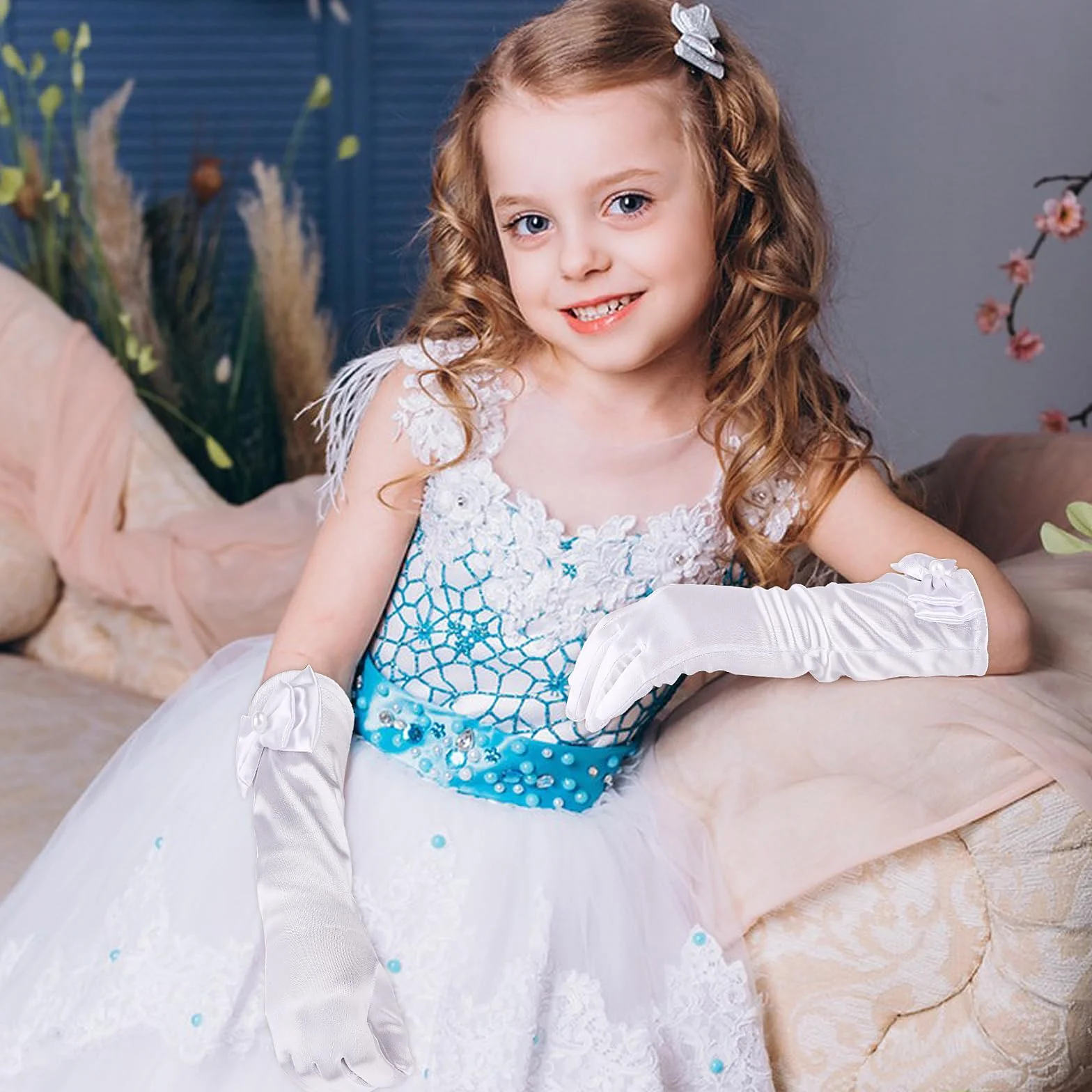 Yolev Guantes de Niña de Satén Blancos Largos con Lazo Formales para Boda Primera Comunión