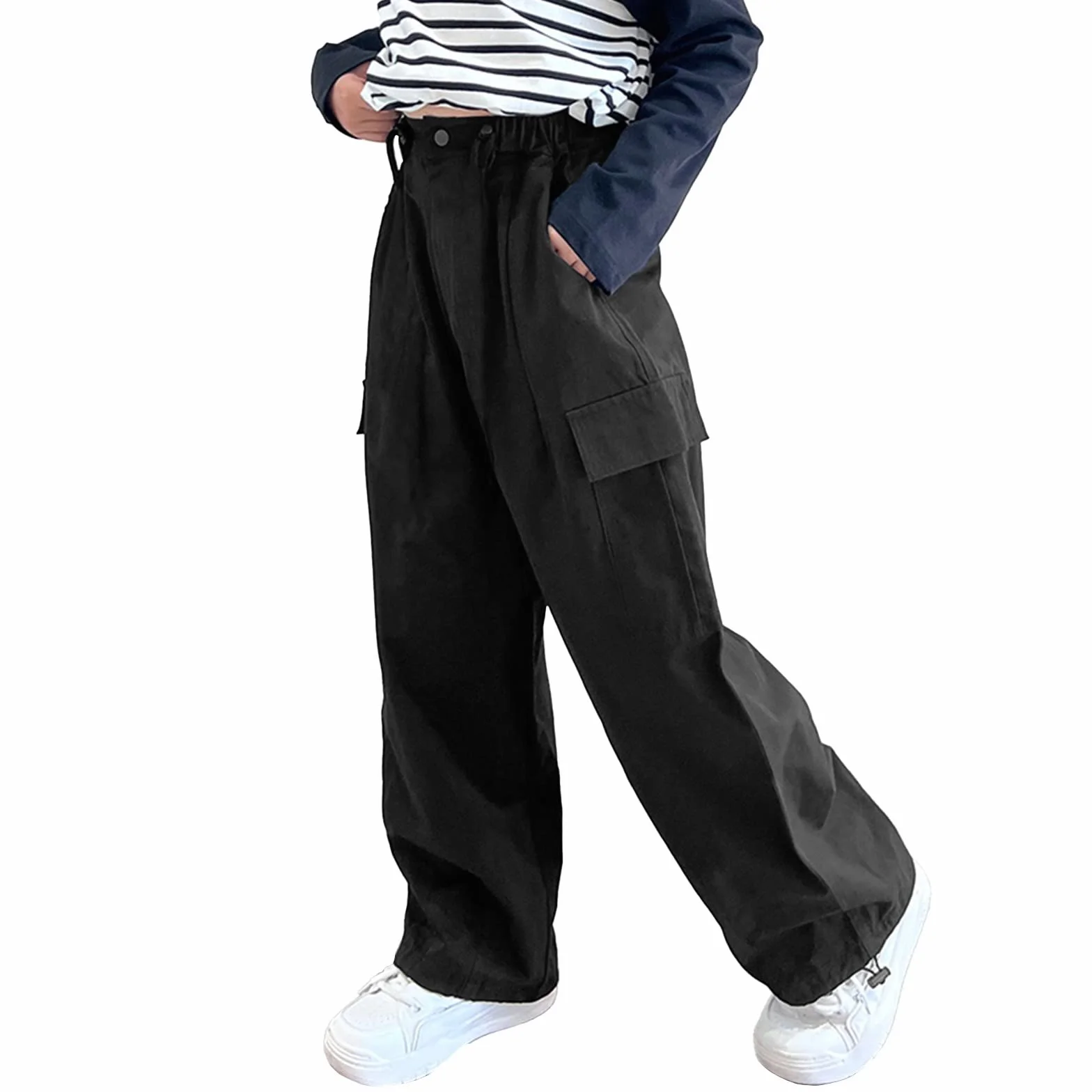 Pantalones Cargo para Niñas, Algodón, Cintura Elástica, Múltiples Bolsillos, 6-15 Años