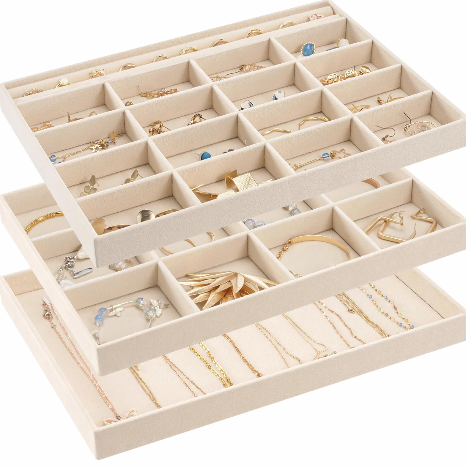 ProCase 3 Bandejas Organizadora para Joyería, Apilables para Cajón Tocador Armario, Exhibidor de Collares Pendientes Pulseras Anillos Relojes, Regalo Ideal para Mujeres y Niñas -Crema