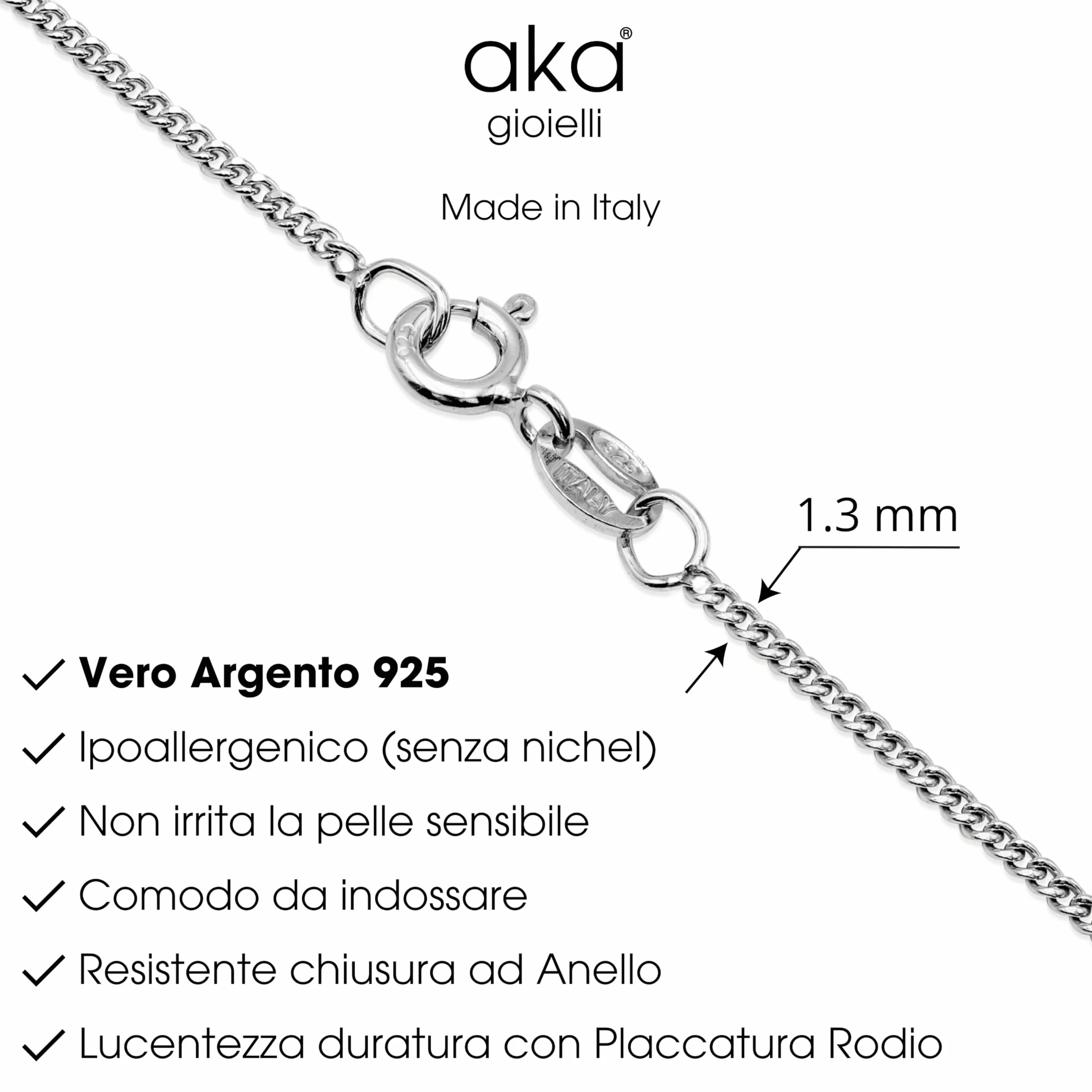 Aka Gioielli Cadena Barbada Plata de Ley 925 Rodiada Collar Mujer Hombre 1.3 mm 80 cm
