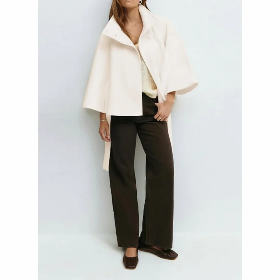 Poncho de manga murciélago para mujer abrigo corto invierno cuello alto cinturón