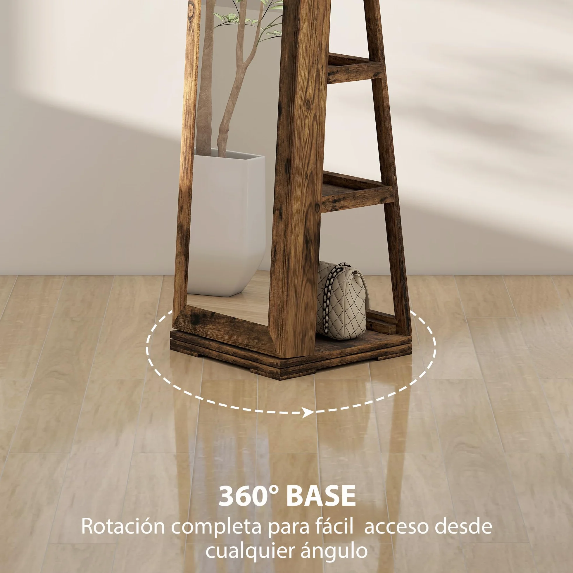 HOMCOM Espejo Joyero de Pie Giratorio 360° con Cerradura, Marrón Rústico