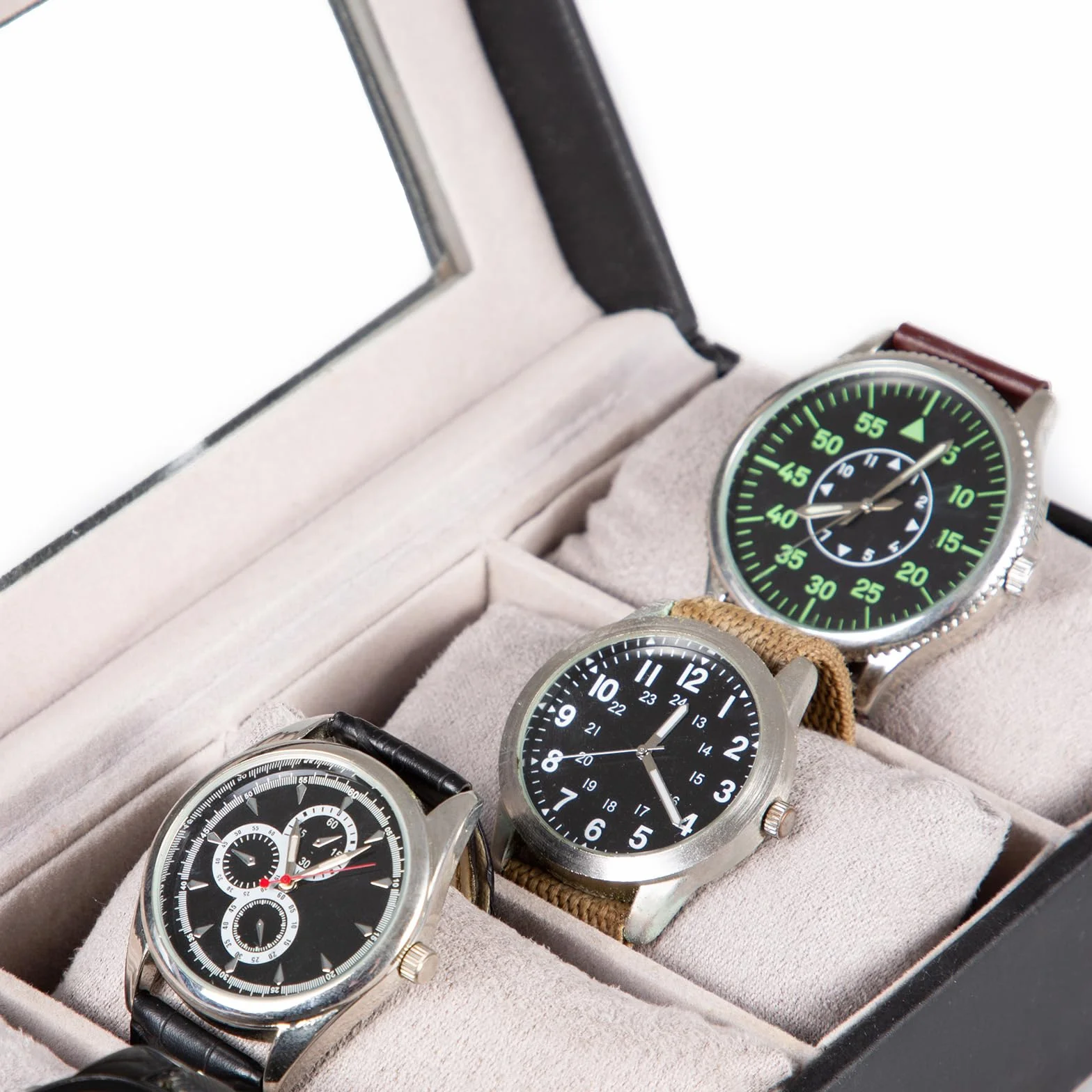 Estuche para Relojes con 6 Compartimentos, Tapa de Cristal, Organizador, Regalo Hombre, Negro