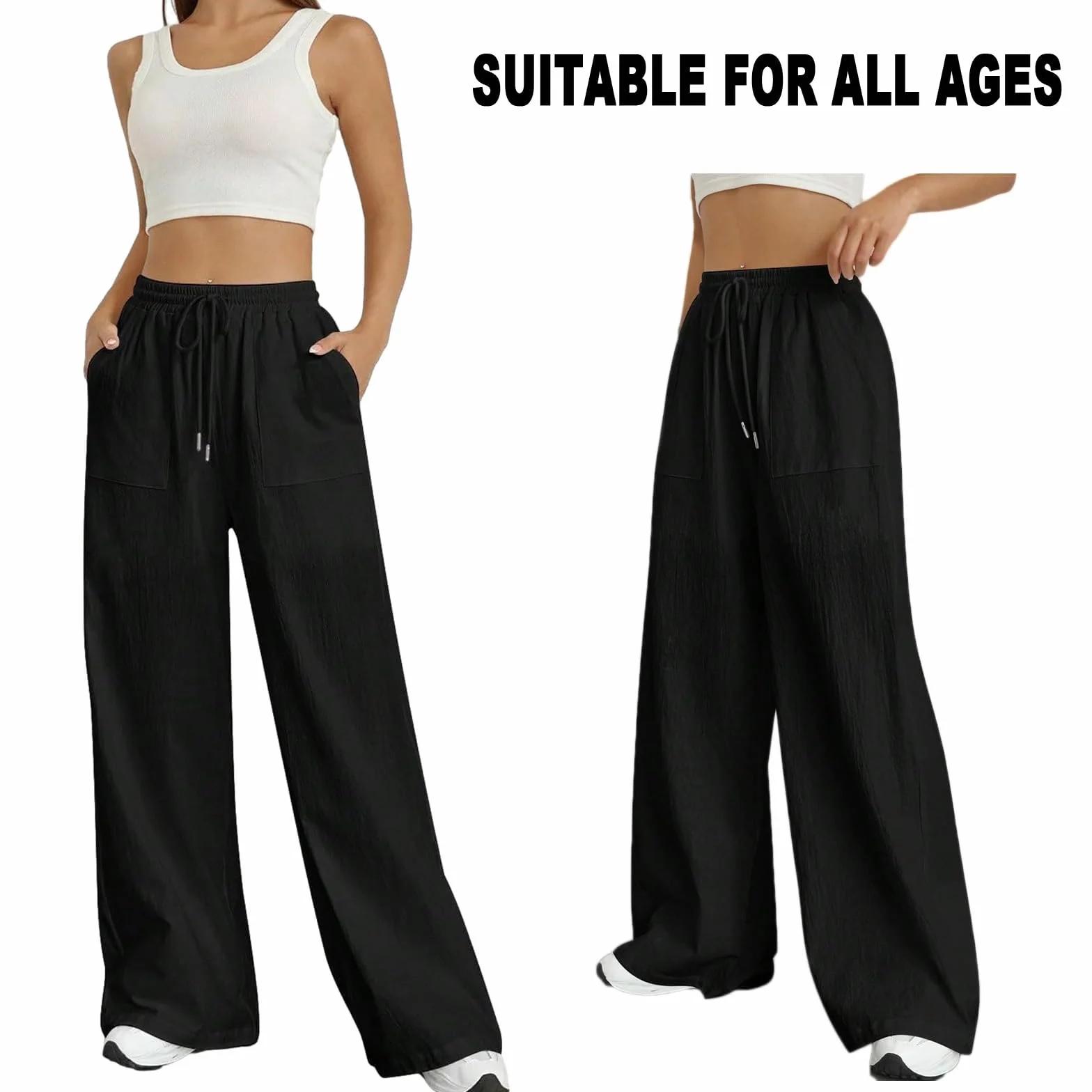 Nuofengkudu Verano Pantalones Mujer Anchos Bolsillos Cordón Ajustable Cintura Alta Ligeros Transpirables Largo Pantalon Pijama Yoga Pants