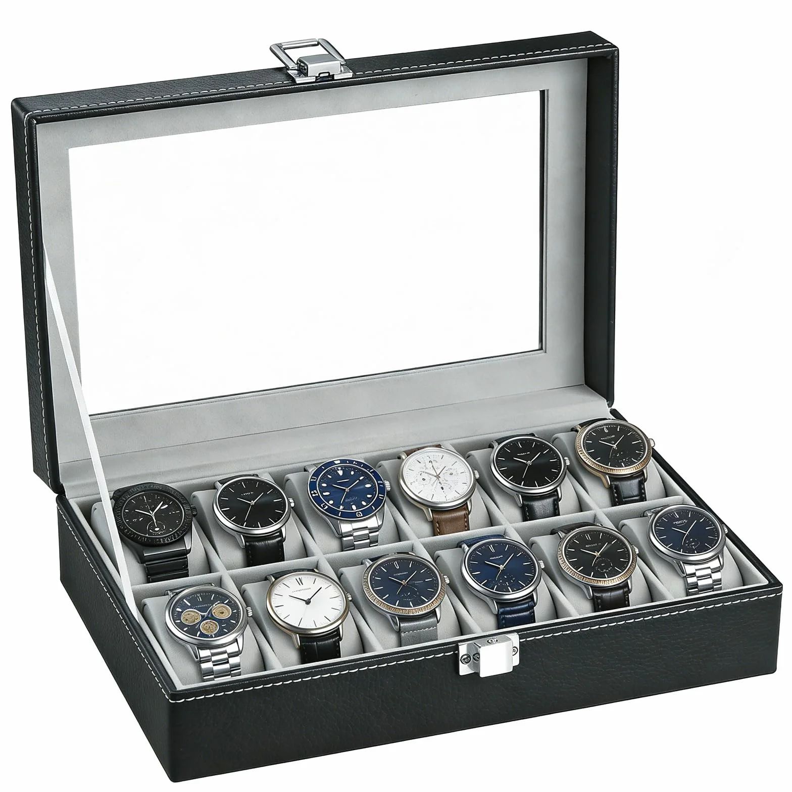 Caja para Relojes con 12 Compartimentos, Cristal y Cojín Extraíble