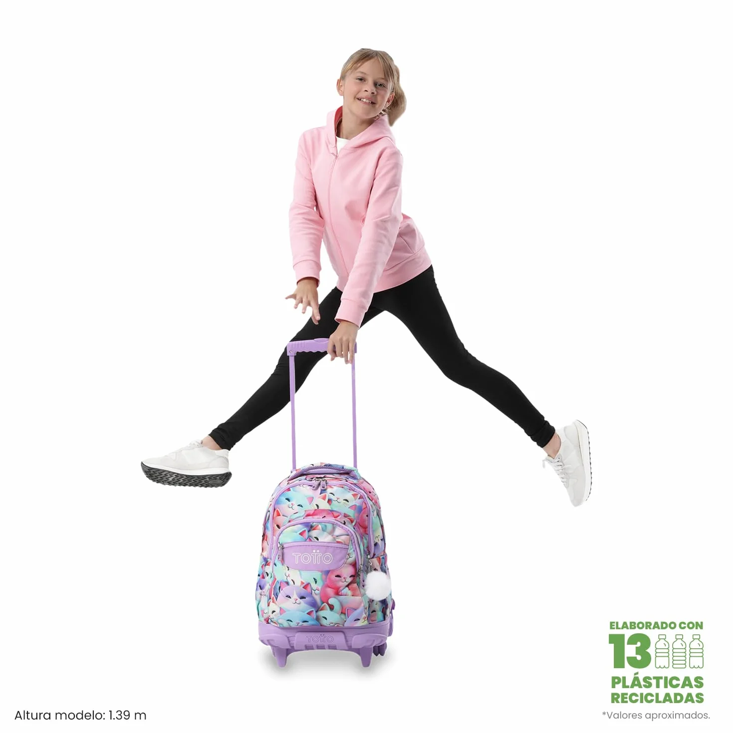TOTTO Mochila Escolar con Ruedas Renglones 26,21 Litros Bolsillo PC 15,4" Resistente Estampado Mewsy 3D