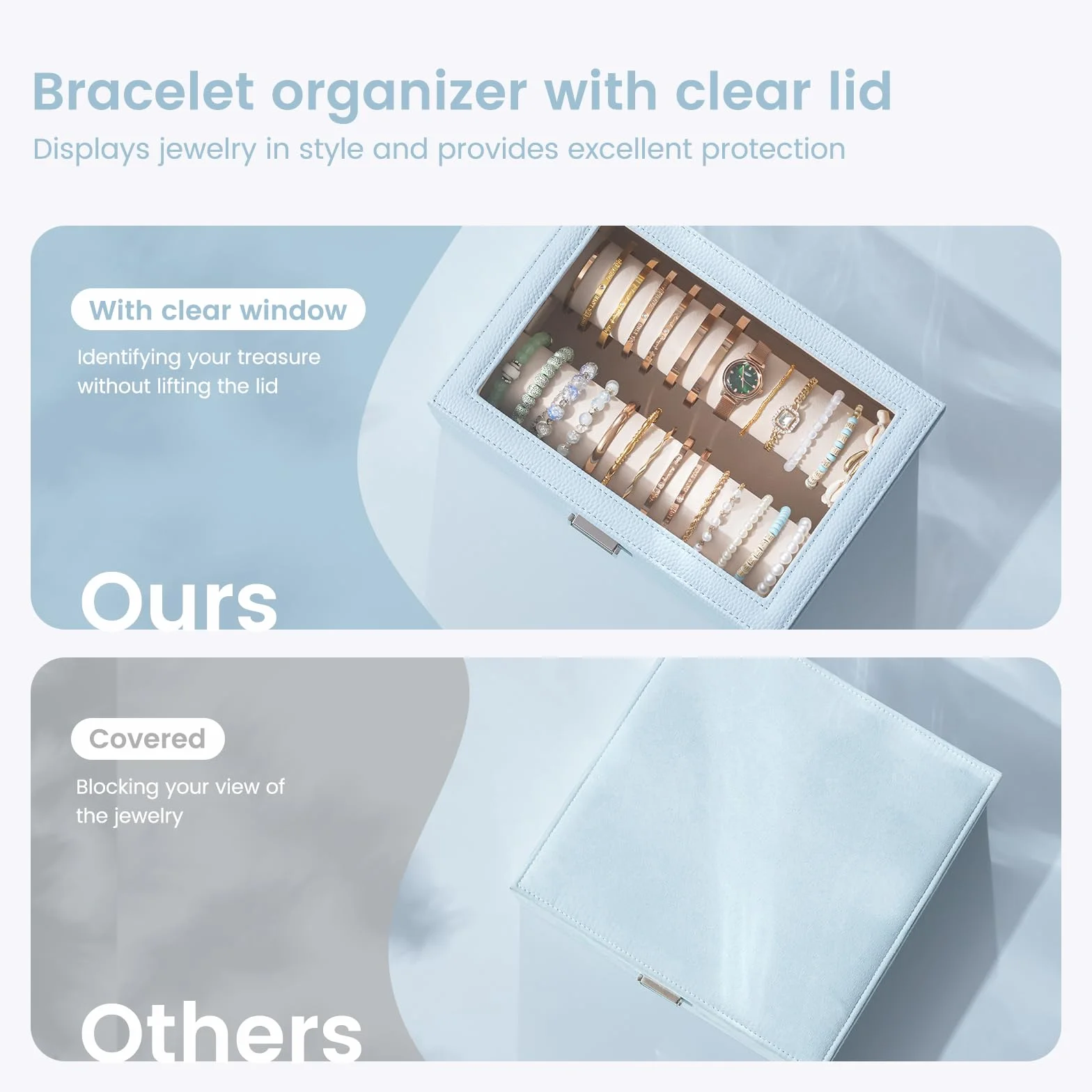 Lolalet Organizador de Joyería para Pulseras y Relojes con Barra, Caja de Almacenaje Transparente - Azul