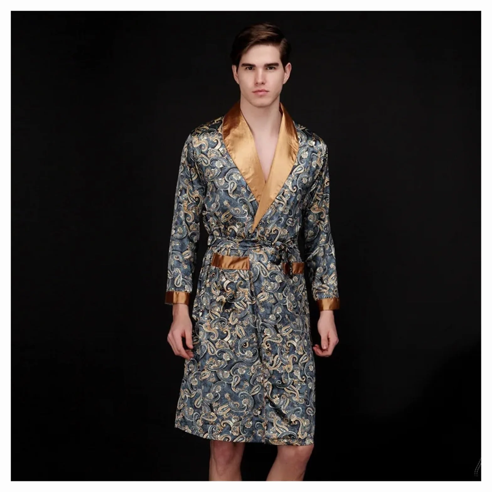 Bata Hombre Seda, Ropa De Dormir De Seda Satinada, Bata De Baño De Verano, Pijama De Manga Larga, Bata De Dormir, Pijama Sleepwar Hombre para SPA (Coffee, XXL)