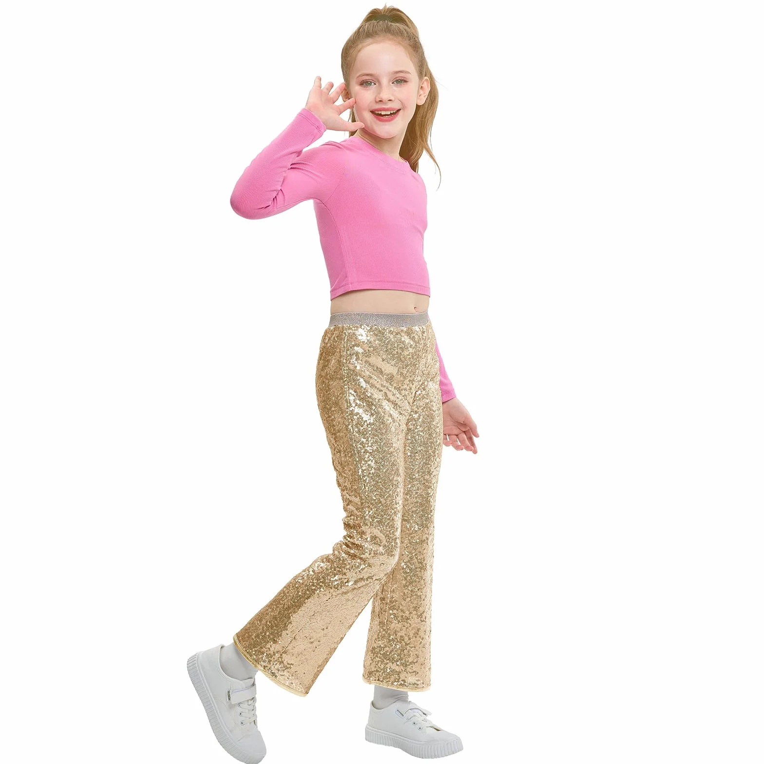 Pantalones de Lentejuelas para Niña, Acampanados Disco Brillantes, Ropa de Fiesta Hip Hop