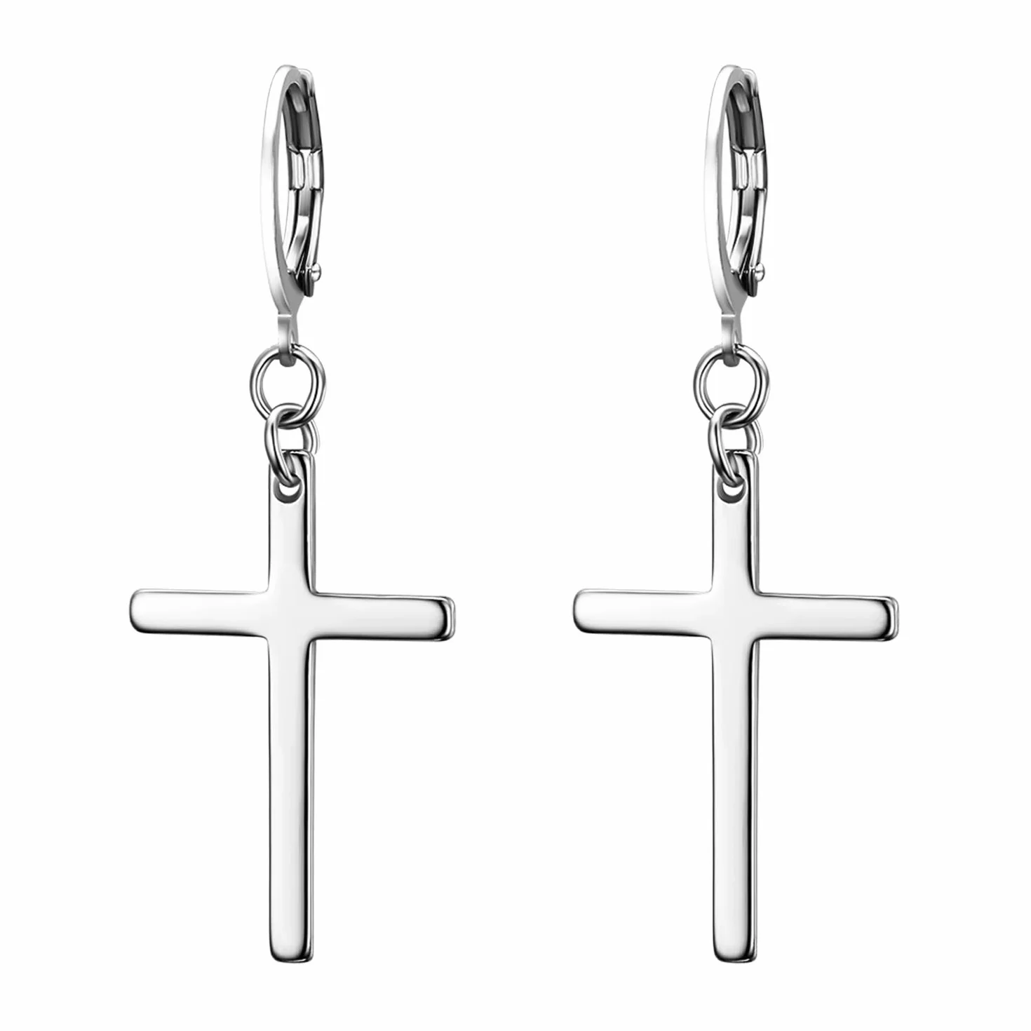 Pendientes largos de acero inoxidable forma de cruz plateado negro dorado para hombre mujer