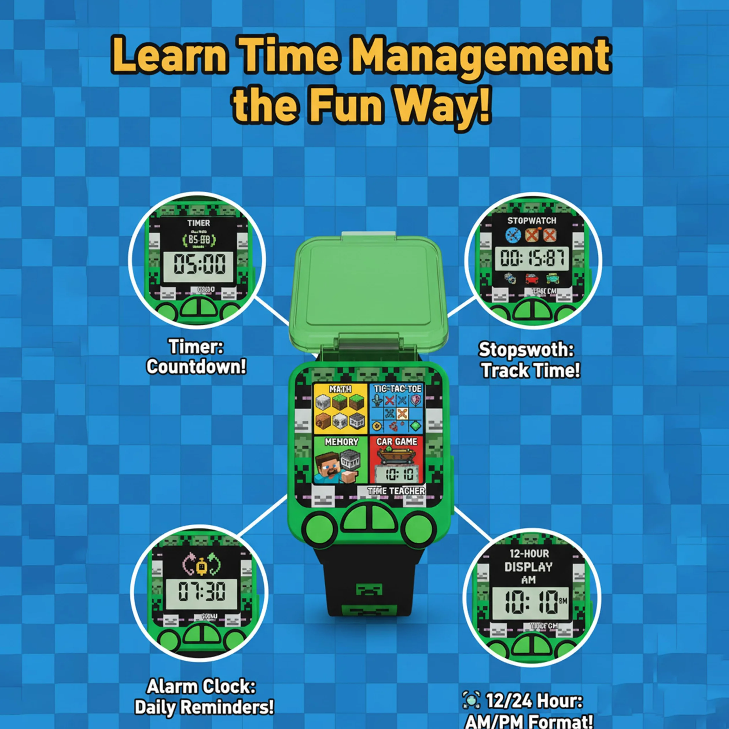 SRV Hub Minecraft - Reloj digital educativo - Reloj inteligente LED para niños con 5 divertidos juegos de aprendizaje, temporizador, alarma, cronómetro, 10 caras de reloj, correa de silicona azul - A
