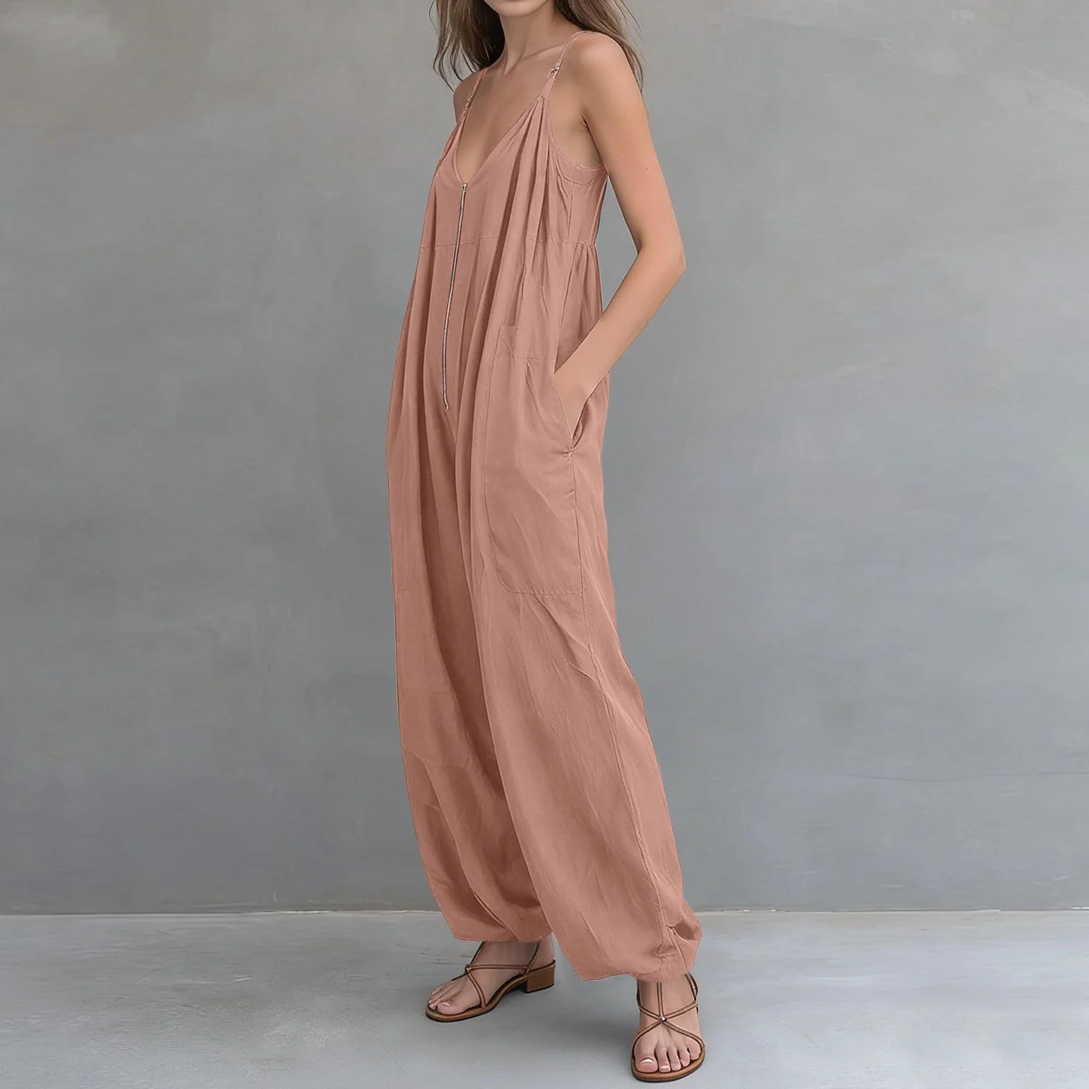 Monos Largo de Cuello en V con Media Cremallera para Mujer Sueltos Casual Overol de Pinerna Ancha con Bolsillos Cómodo Mameluco Sin Mangas Baggy Jumpsuit Playa