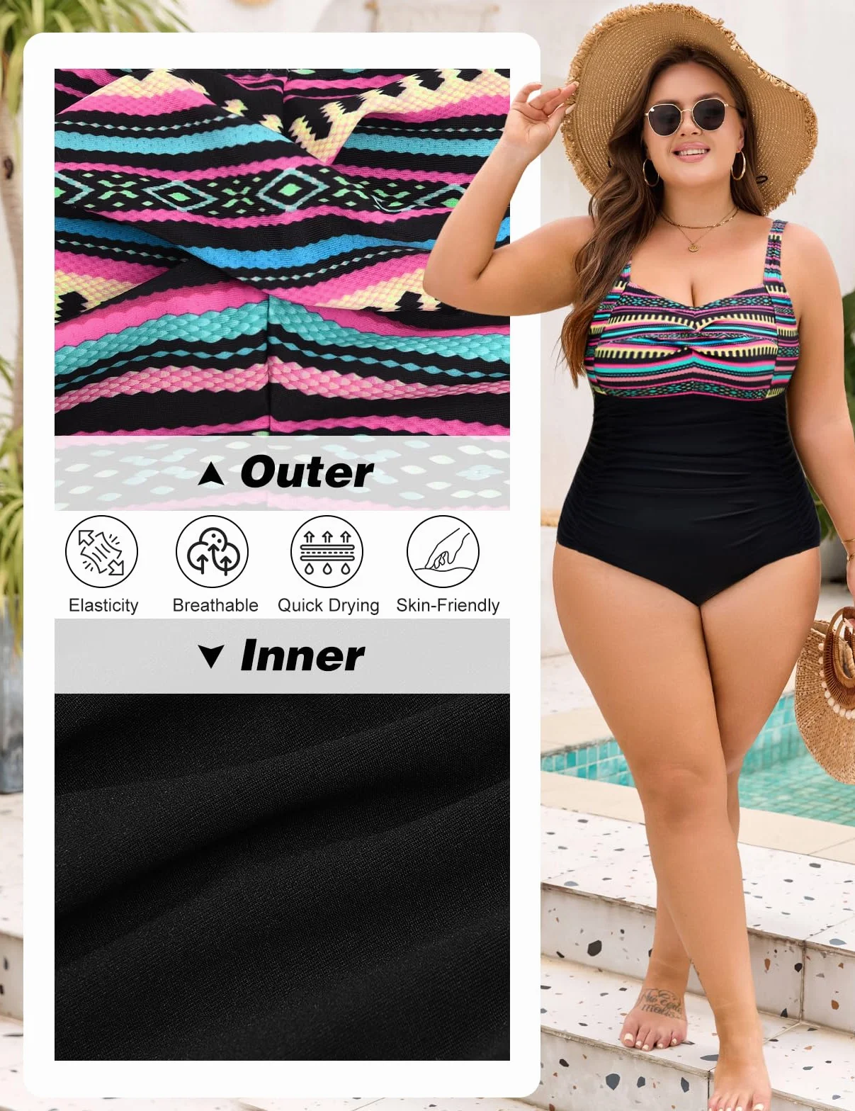 Nadeer Bañador Mujer Talla Grande Reductores Traje de Baño Una Pieza Push Up Sexy Cuello en V L-4XL