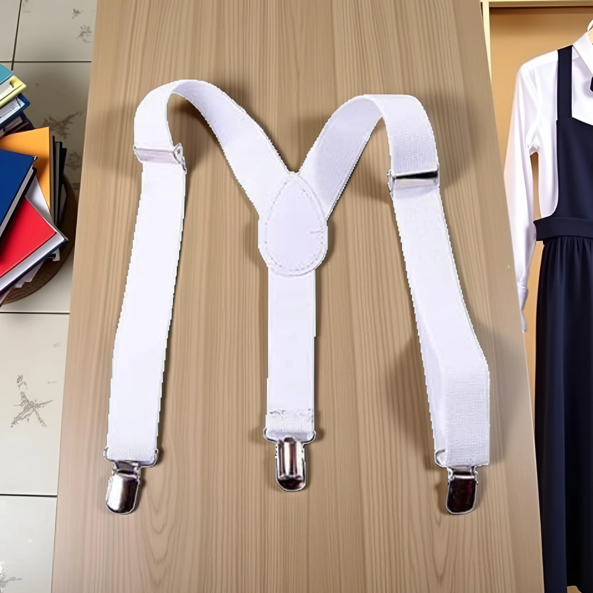 Tirantes elásticos ajustables blancos con clip trasero en Y y clips de metal para niños