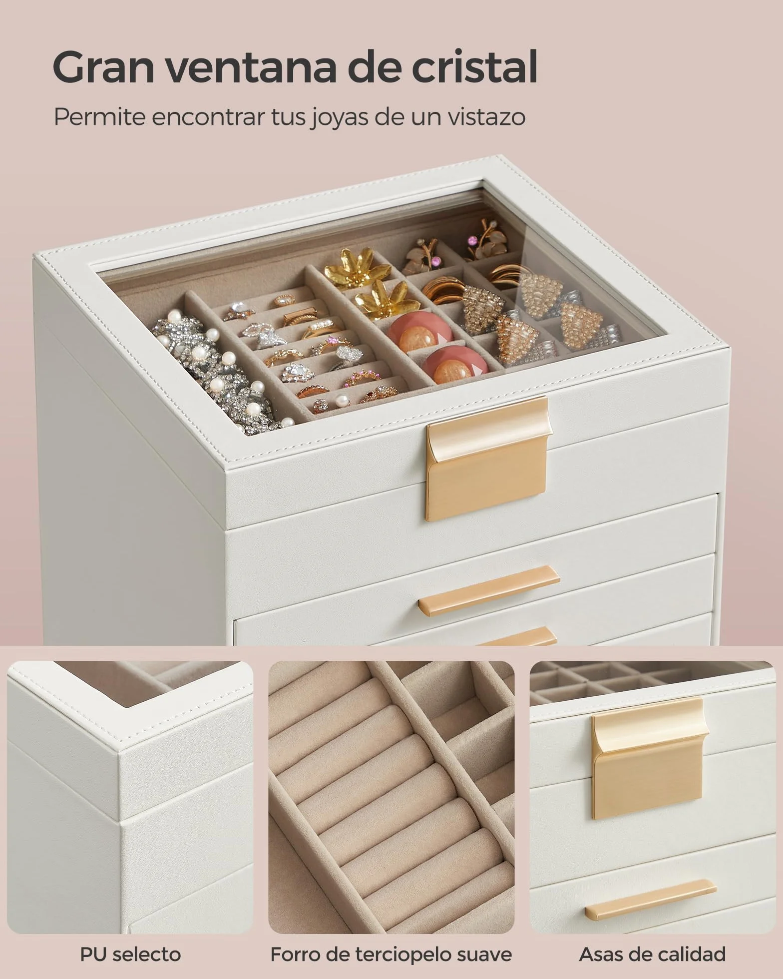 SONGMICS GISELLA Caja de Joyas 6 Niveles 5 Cajones 20,3x23,1x22,8 cm Blanco Nube y Dorado