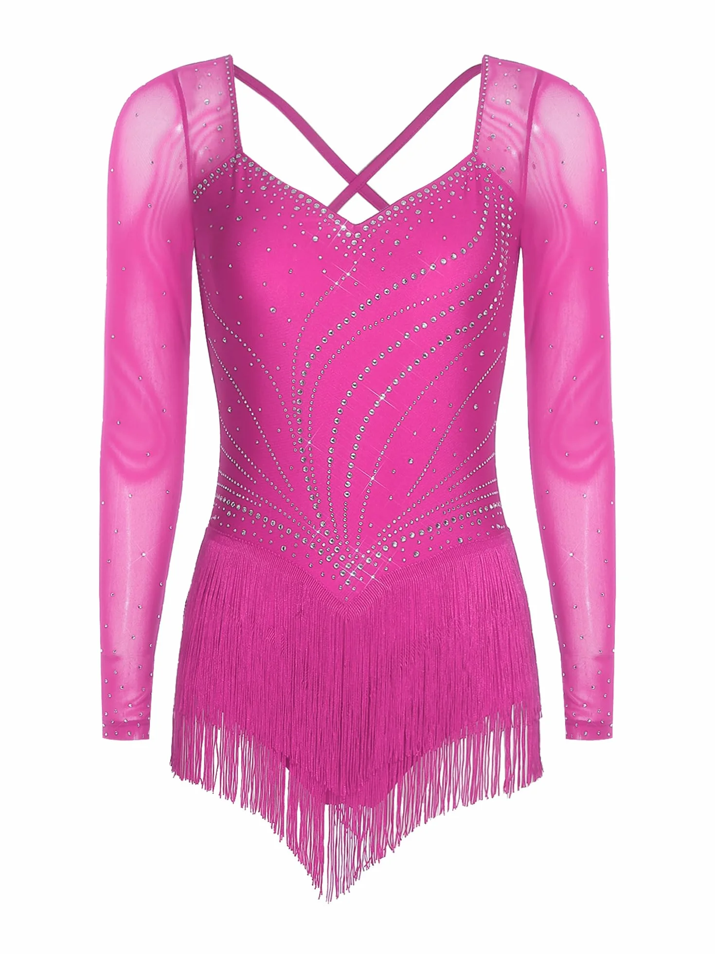 Vestido de Baile Salsa con Flecos Manga Larga Pedrería Brillante Latino Profesional Rumba Vals