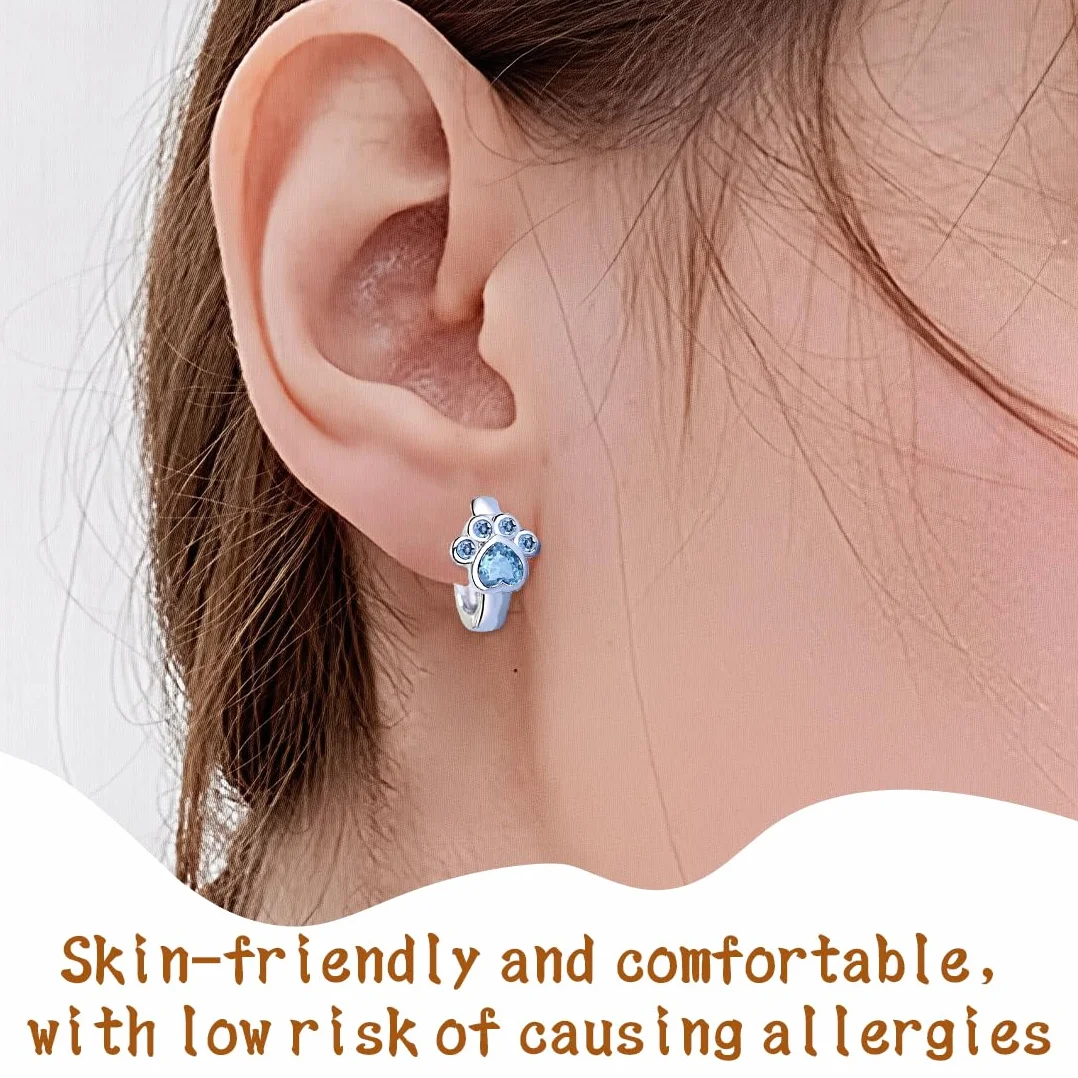 Aretes de pata de gatos con diseño huella Cristal Circonita, Joyería Elegante para niña, Azul Brillante