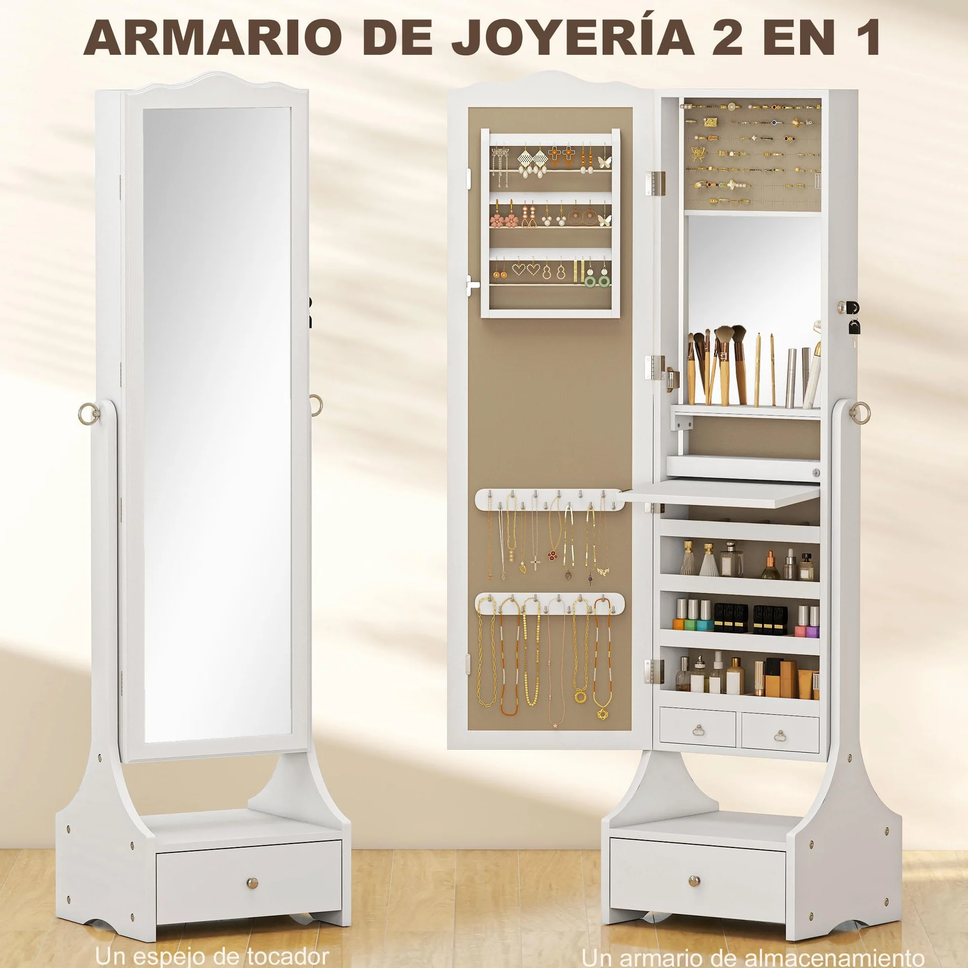HOMCOM Armario Joyero con Espejo LED, Luces Apagado Automático, Blanco