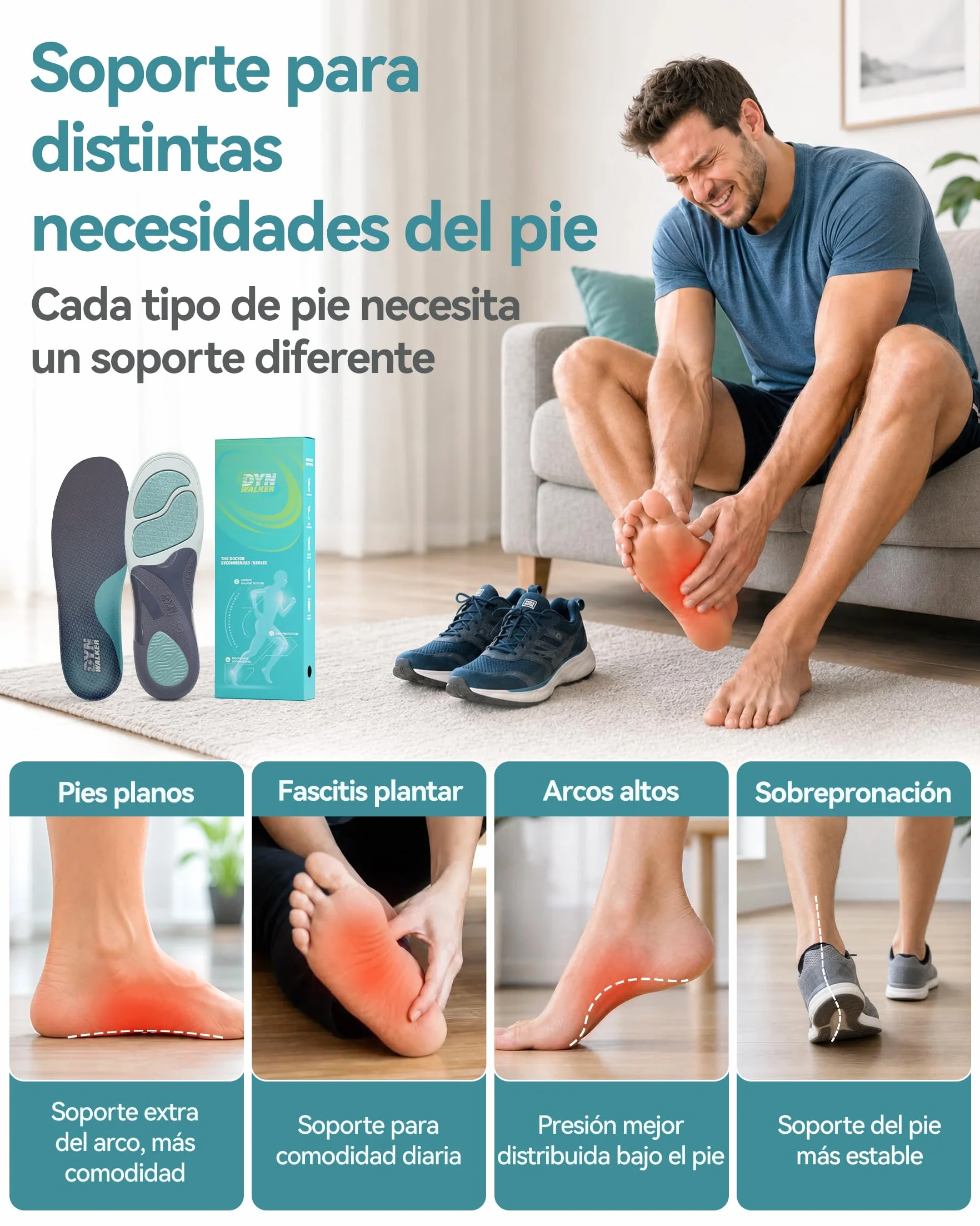 DynWalker Palmilha Ortopedica Plantillas para Fascitis Plantar Amortiguación Mejorada 35% Soporte Arco