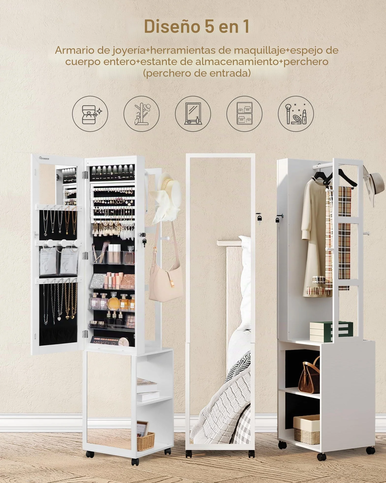 Armario Joyero 8 LEDs Organizador de Pie con Espejo Cuerpo Entero Cerradura 4 Ruedas 3 Niveles Blanco y Negro
