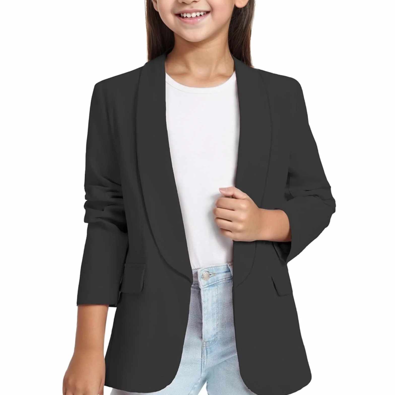 Blazer para niñas chaqueta negra solapa sólida frente abierto manga larga botones casual traje fiesta escolar