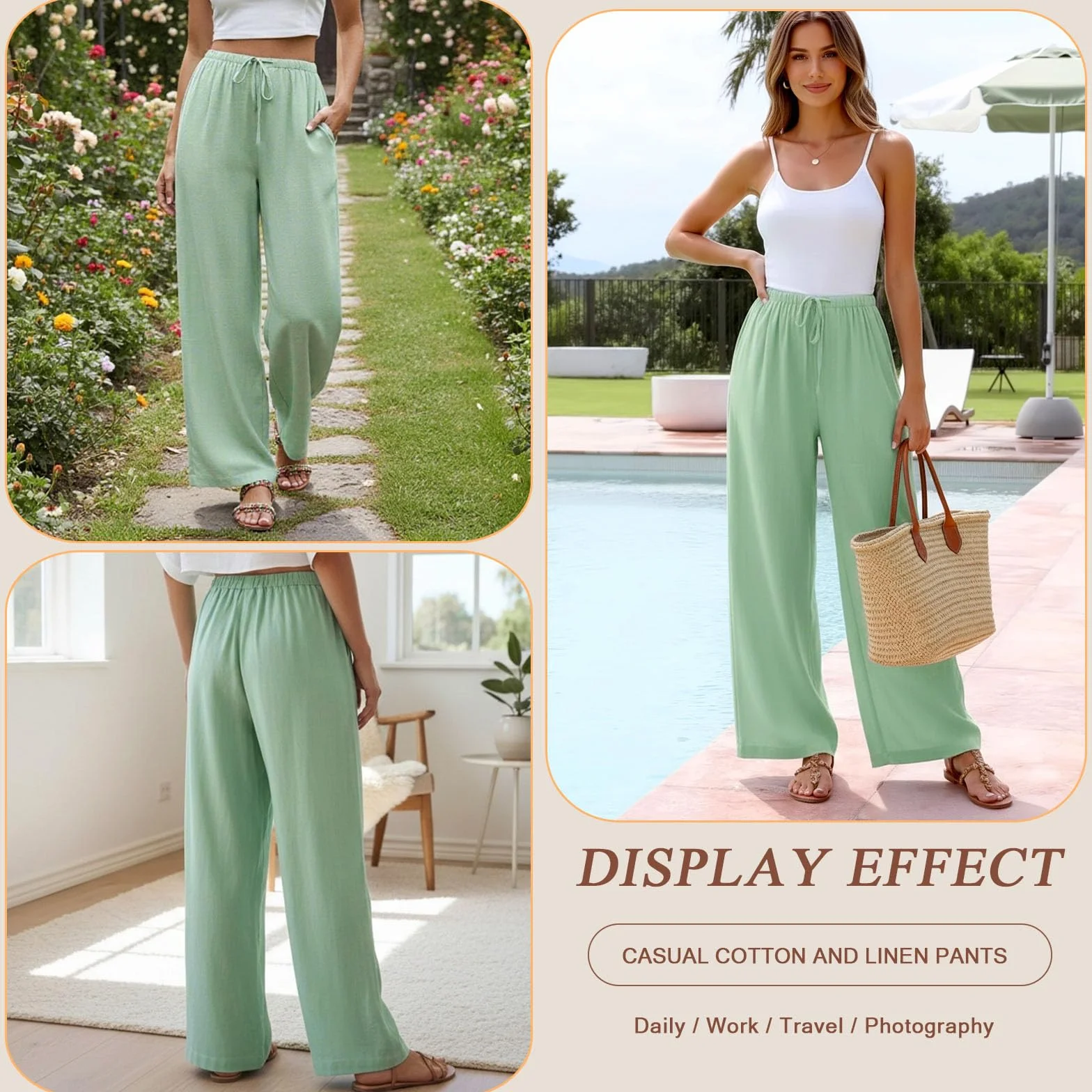 Pantalones Palazzo Mujer Lino Verano Elásticos Anchos con Bolsillos