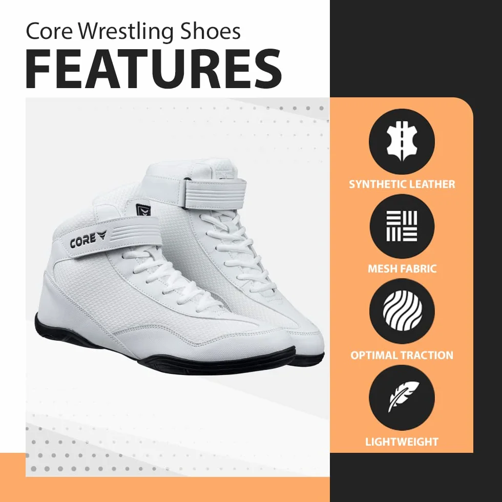 CORE Botas de Lucha para Hombre, Mujer y niños, Antideslizantes Zapatillas de Lucha Libre, para Deportes de Combate, Wrestling Shoes, Crossfit y Levantamiento de Pesas, Blanco
