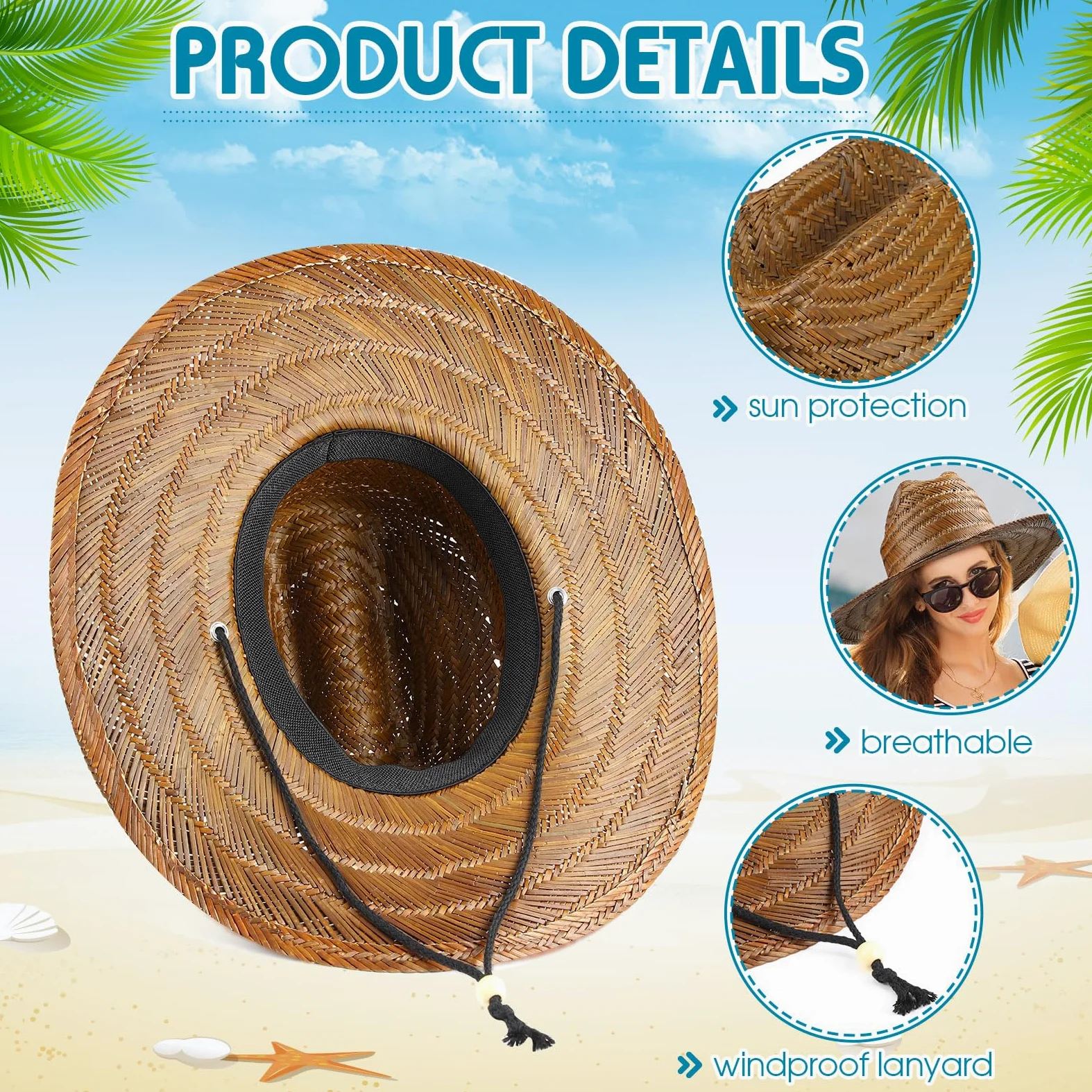 Funtery Paquete de 12 sombreros de paja para hombre, sombrero de playa de ala grande, sombrero de paja con cordón