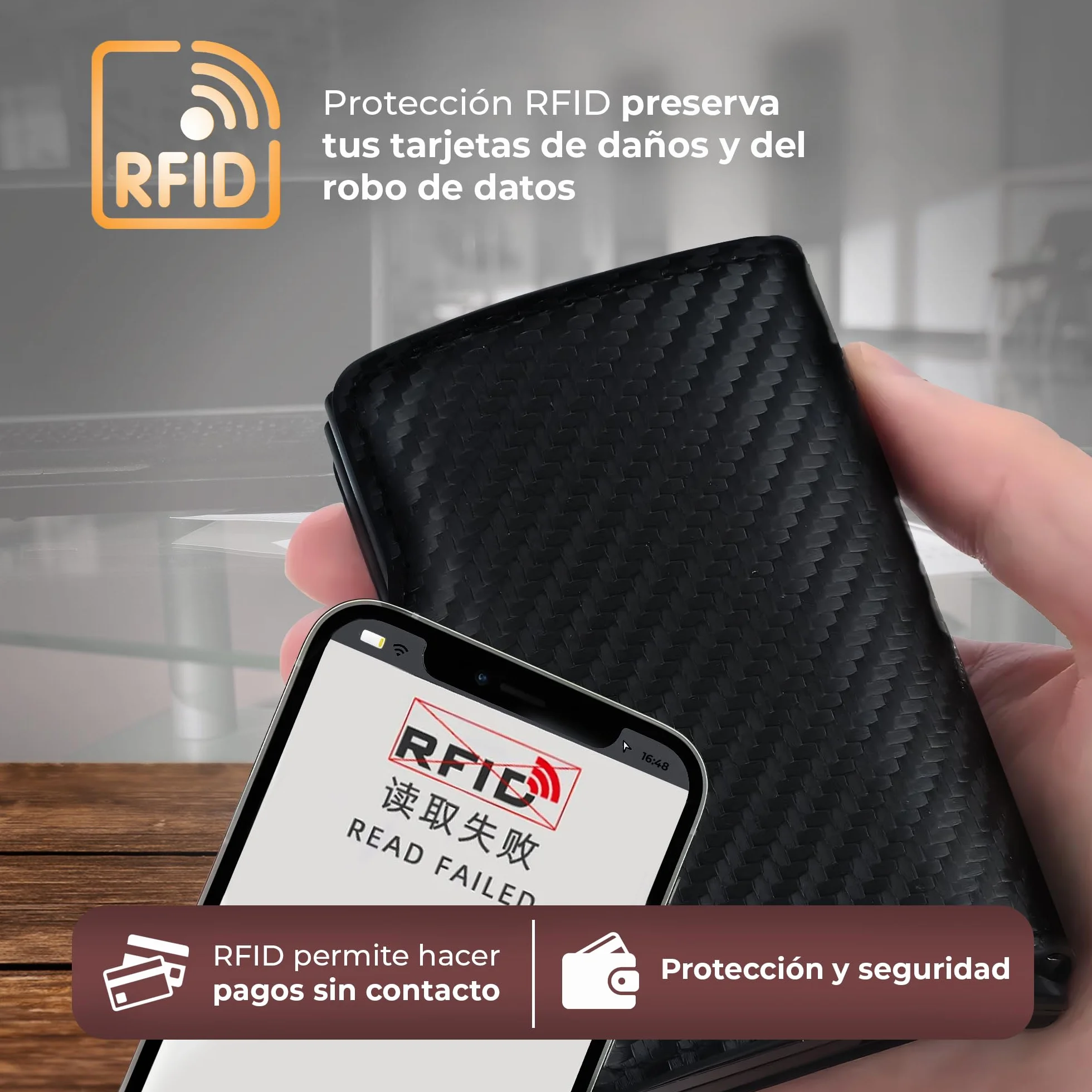 Cartera Hombre Pequeña con Tarjetero Automático Interior Aluminio Protección RFID Capacidad 6 Tarjetas Billetes Documentación Cuero Diseño Compacto Antirrobo