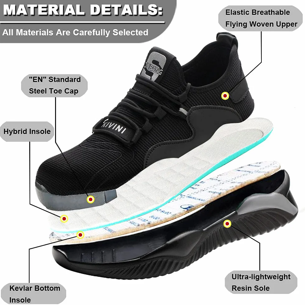 Zapatos de Seguridad Hombre Mujer con Puntera de Acero Ligero Antideslizante Negro