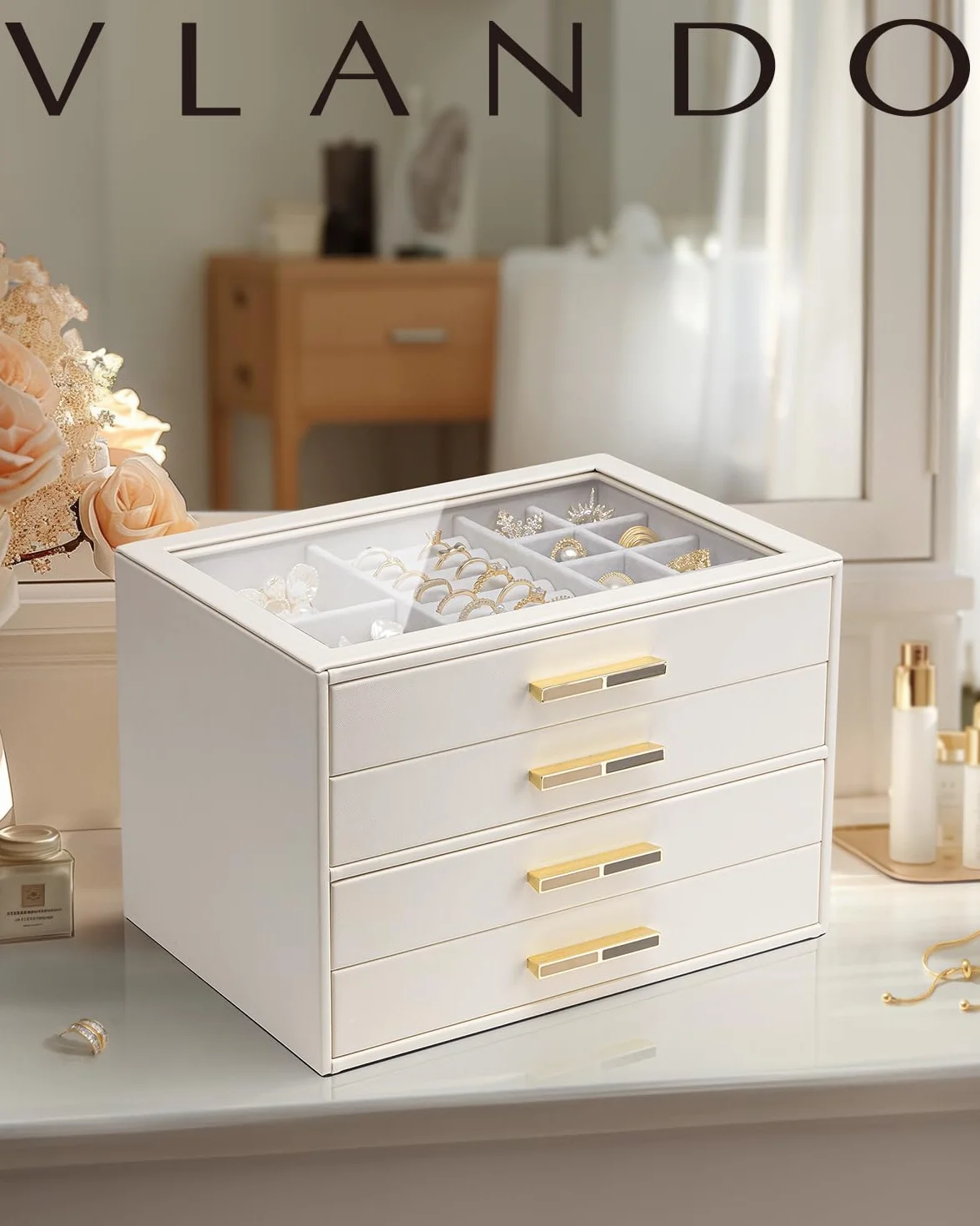 Vlando Joyero Grande Cinderella Plus con 4 Cajones y Tapa de Cristal Beige