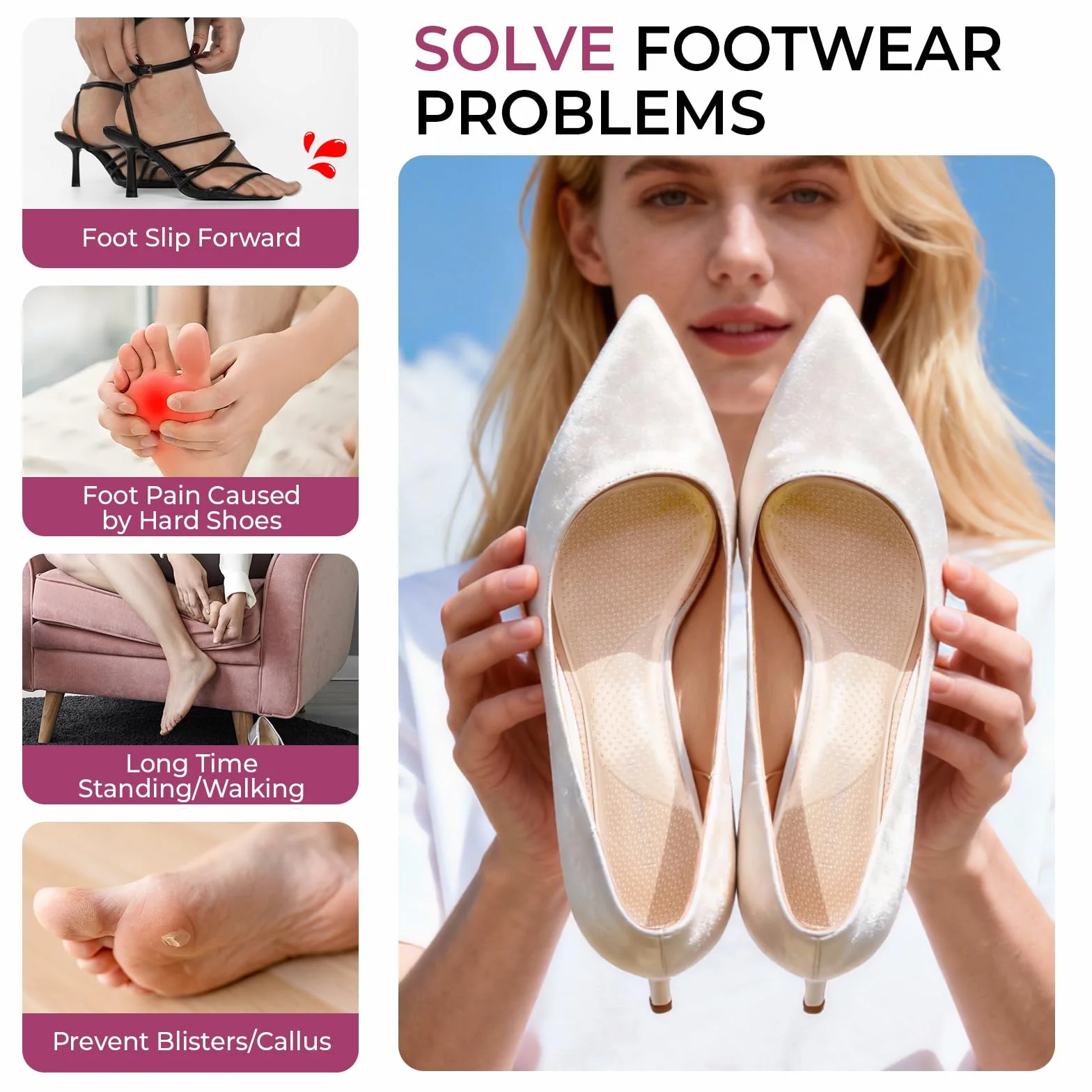 Welnove Plantillas gel Mujer 3/4 Almohadillas suaves para aliviar dolor fatiga 2 pares Sandalias tacón alto Pies planos Fascitis plantar