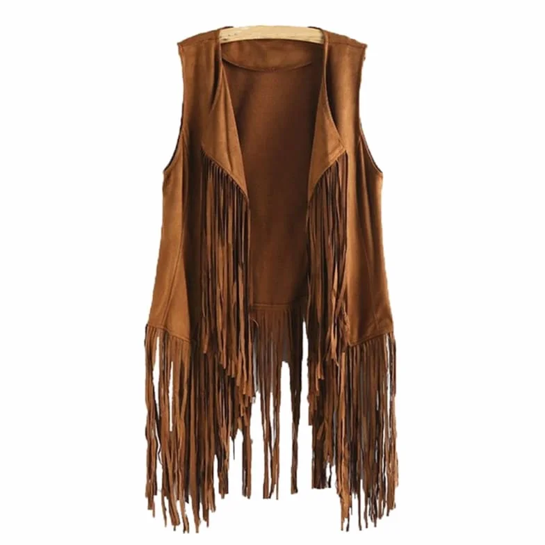 Chaleco hippie sin mangas para mujer con flecos gamuza sintética vintage borlas cárdigan