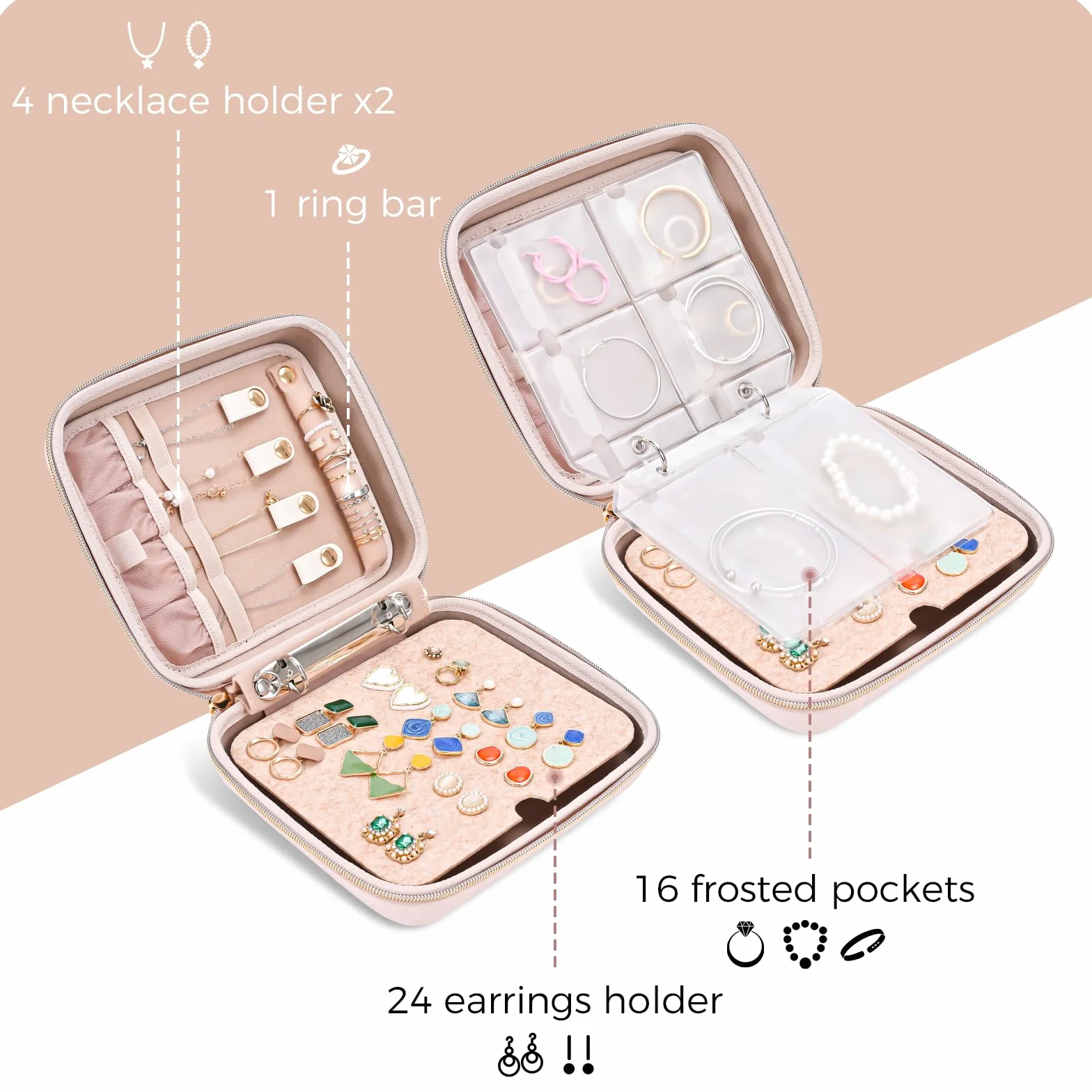 ProCase Estuche Organizador de Joyas Viaje, Joyero Portátil Cremallera Rosa Mediano