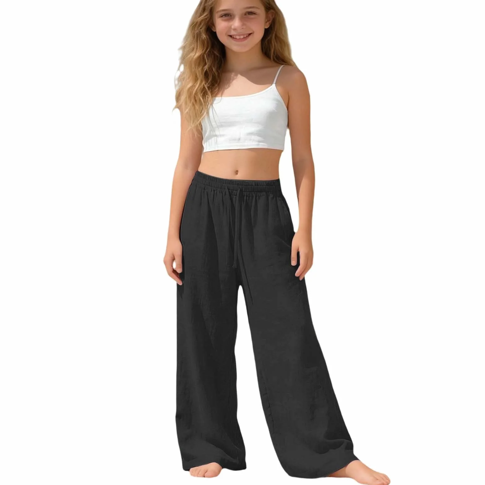 Pantalones de Lino para Niñas Palazzo Largo Ancho Transpirables Verano
