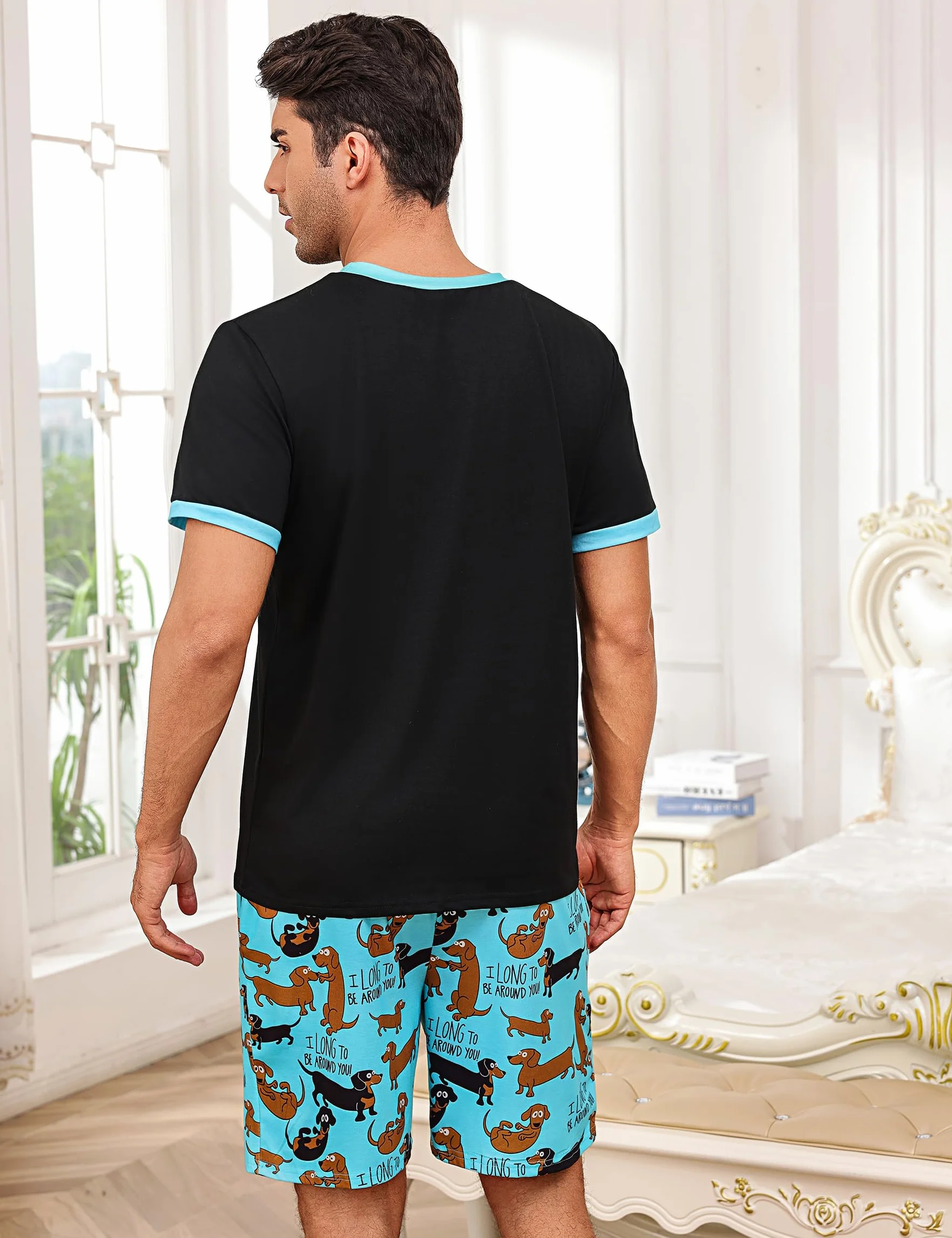 Pijama Hombre Algodón Divertido Ropa de Dormir Verano Mangas Cortas con Bolsillos