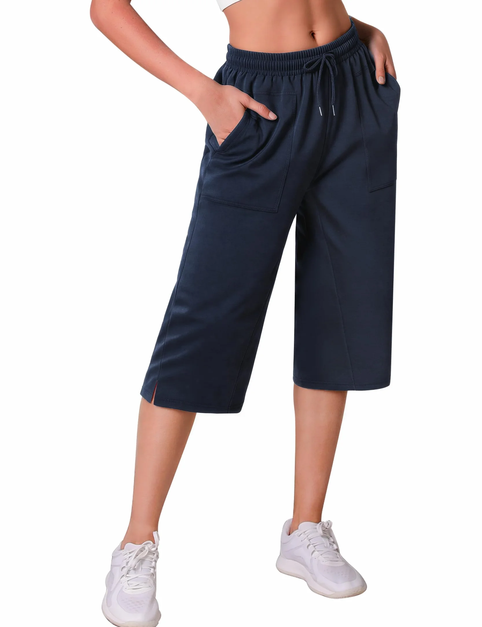 Pantalón Chándal Mujer 3/4 Capri Deportivo con Bolsillos Cintura Elástica Yoga Fitness Correr