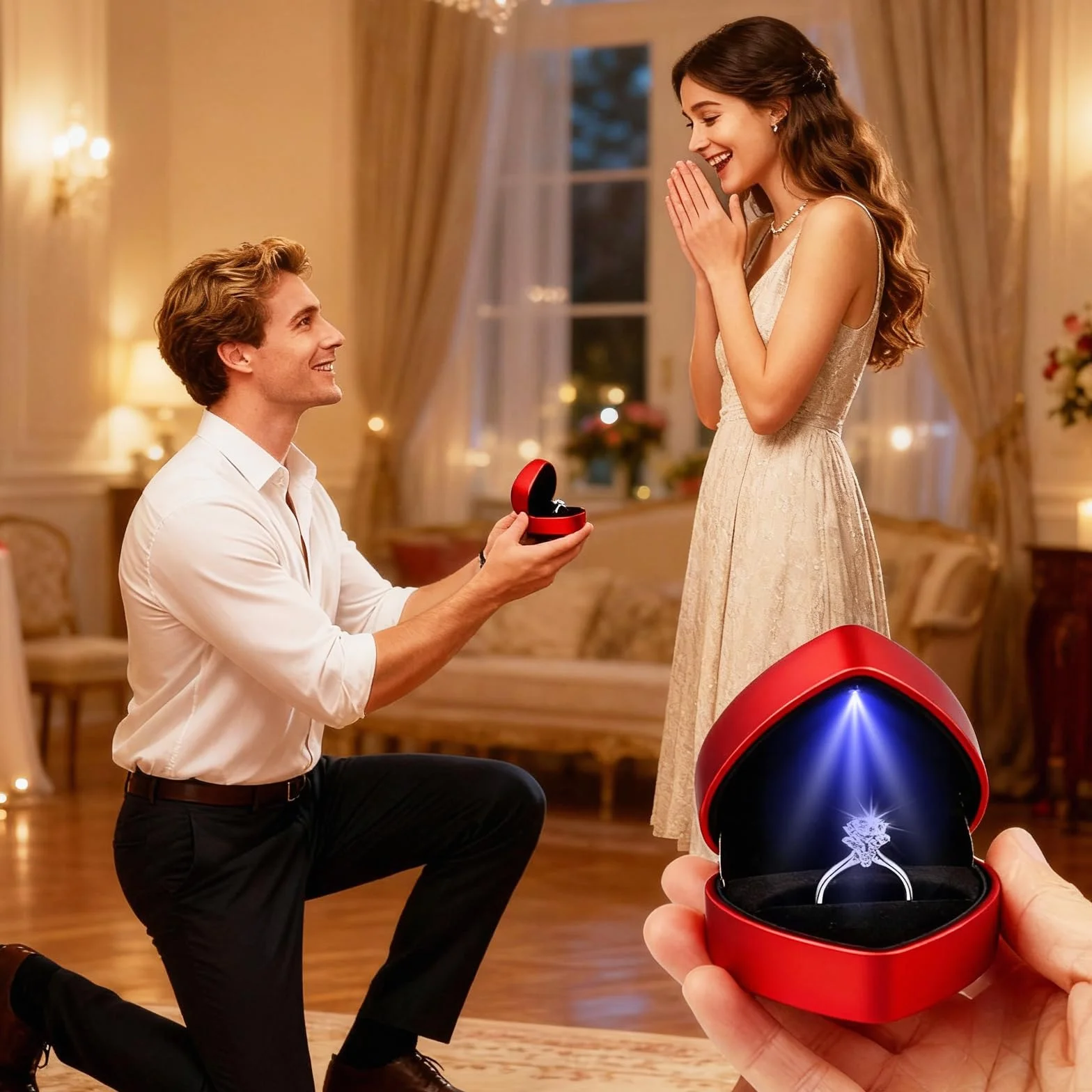 Caja de anillo con luz LED en forma de corazón para propuesta de boda San Valentín