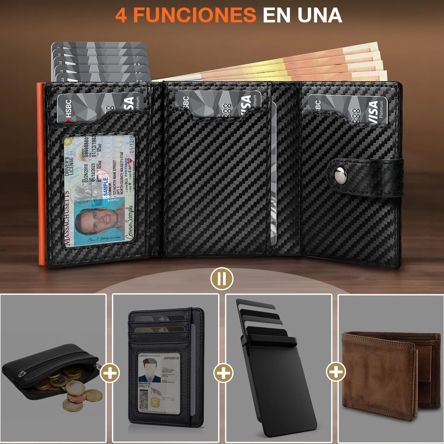 TENBST Cartera Hombre Fibra de Carbono RFID Bloqueo Negro-Naranja