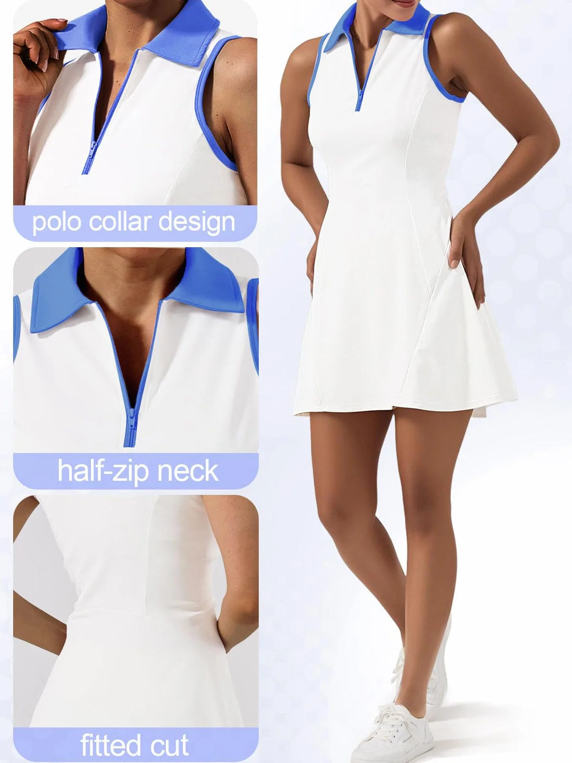 Vestido de Tenis sin Mangas Athletic Dress con Pantalón Corto Bolsillos Cremallera Polo Deportiva Mujer